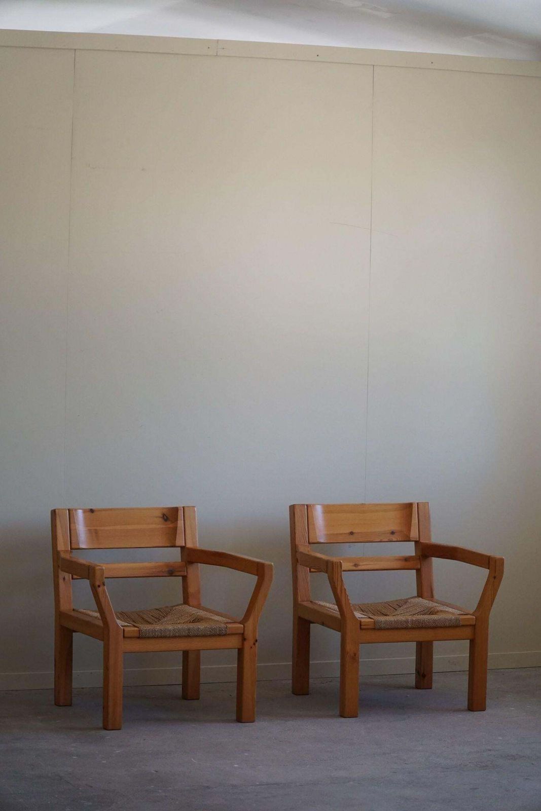 Tage Poulsen, A Pair Of Brutalist Chairs In Pine & Cord, Danish Modern, 1970s photo Furniture