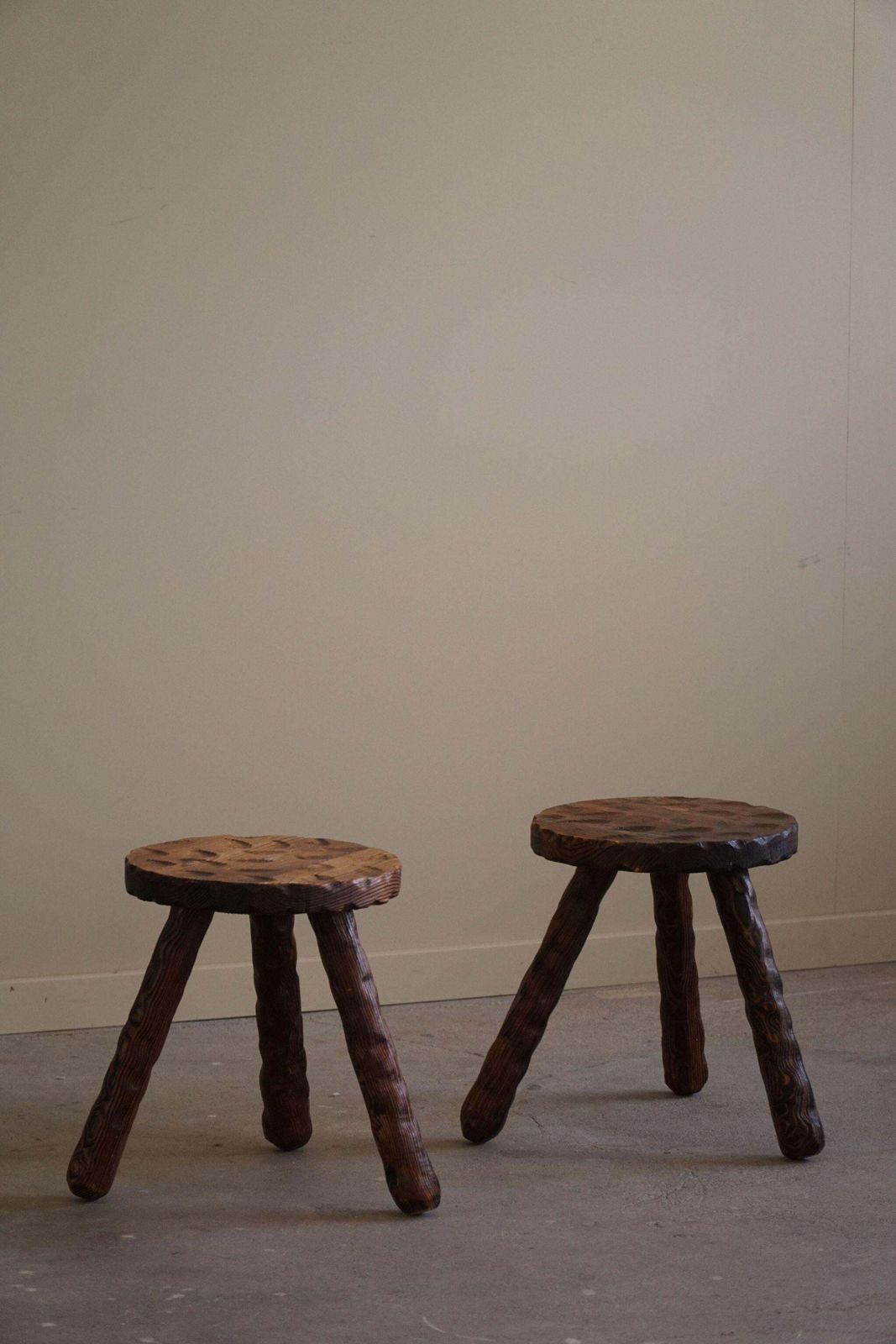 A Pair Of Carved Wabi Sabi Stools In Pine, Swedish Mid Century Modern, 1960s photo for sale
