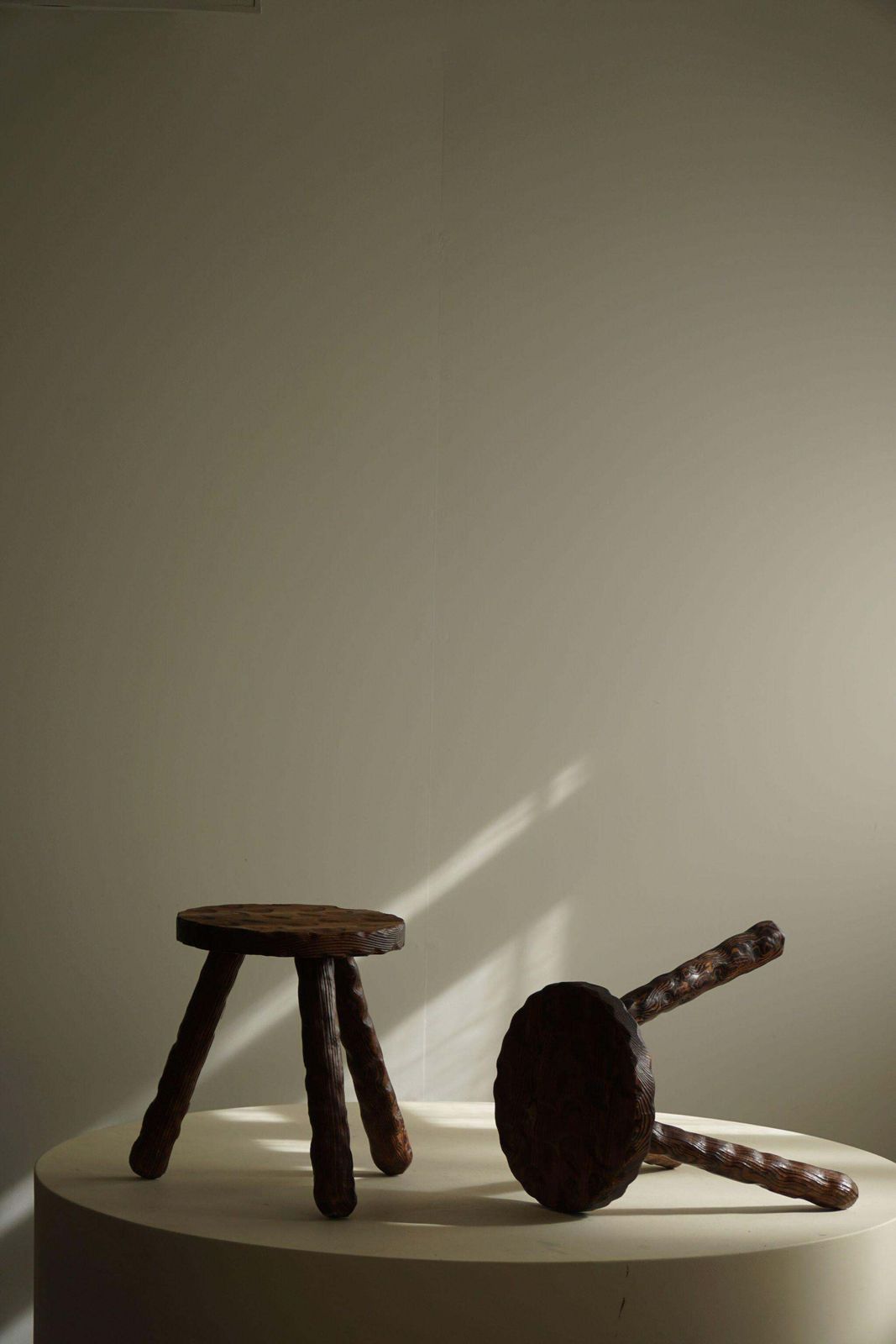 photo buy A Pair Of Carved Wabi Sabi Stools In Pine, Swedish Mid Century Modern, 1960s