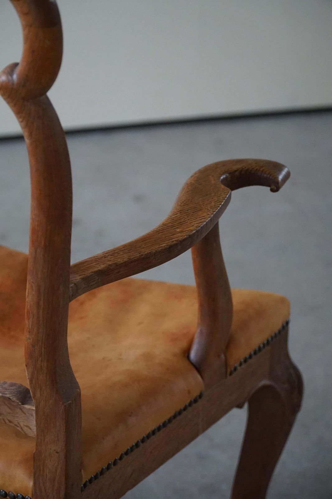 photo for sale Sculptural Vintage Armchair In Oak And Leather, Danish Modern, 1940s