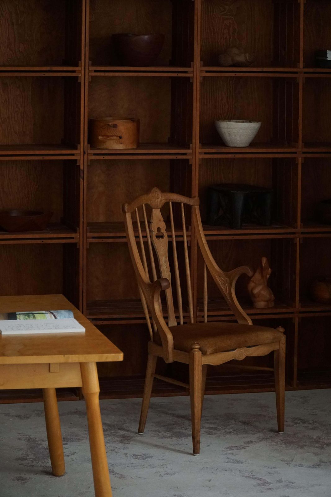 photo furniture High Back Danish Armchair In Solid Oak & Leather Cushion, Mid Century, 1950s
