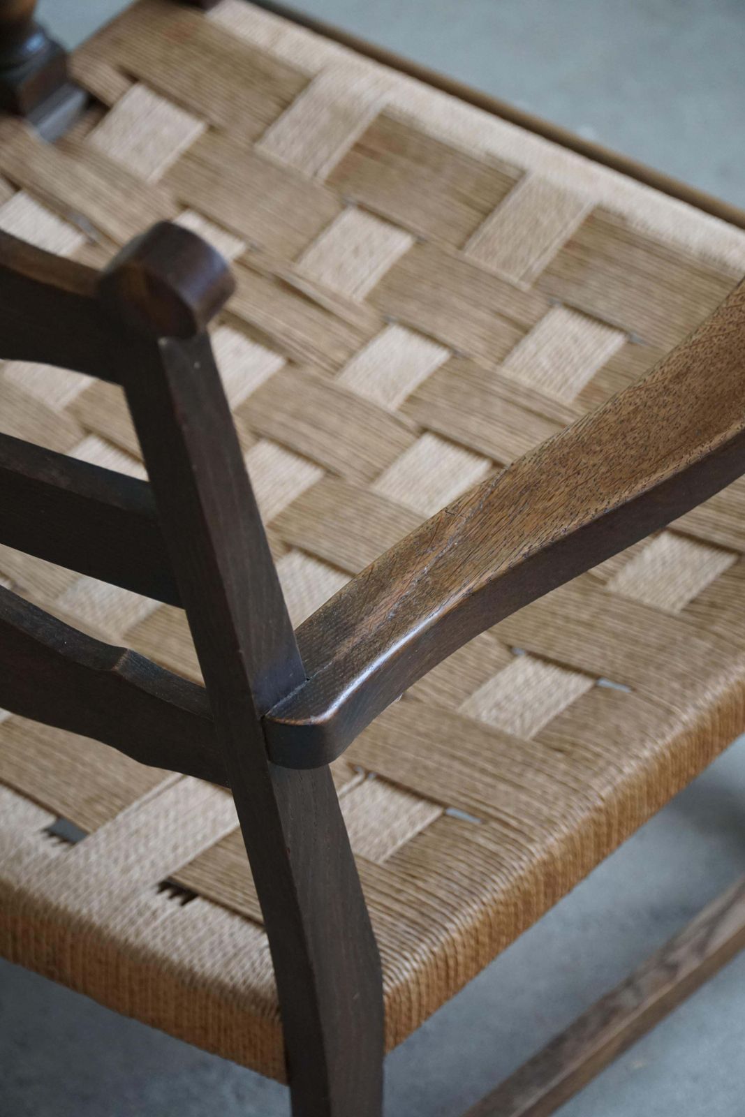 photo for sale A Pair Of Danish Modern, Sculptural Vintage Armchair In Oak And Papercord, 1940s