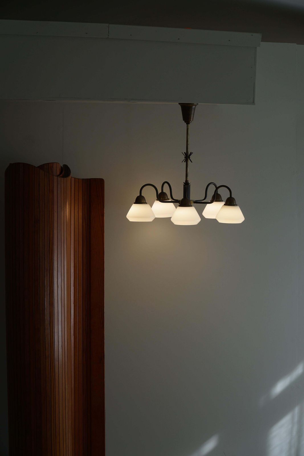 A Danish Modern 5 Headed Chandelier In Opal Glass & Brass, Art Deco, 1940s photo furniture