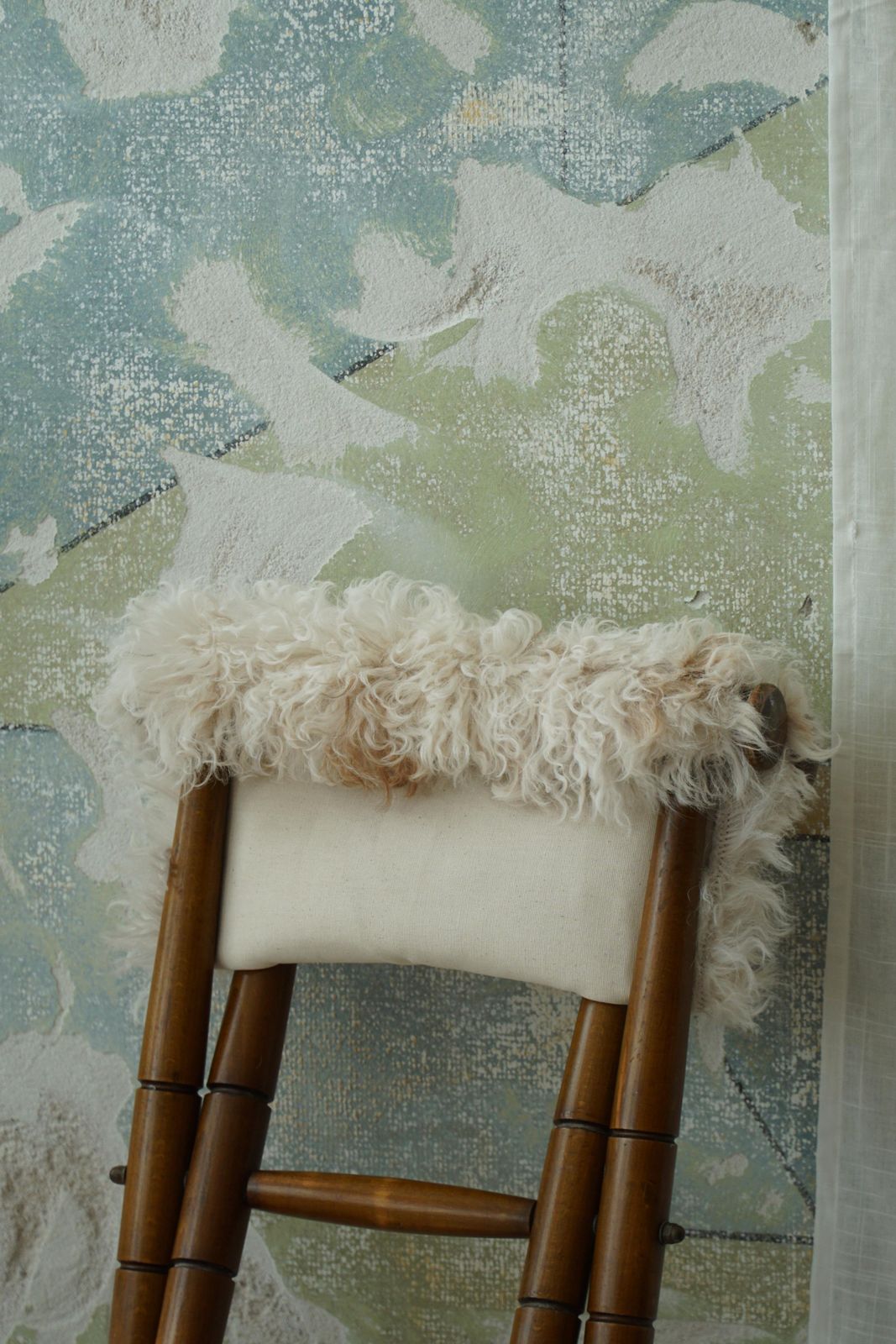 Foldable Stool, Reupholstered In Longhaired Sheepskin, Mid Century Modern, 1950s photo for sale