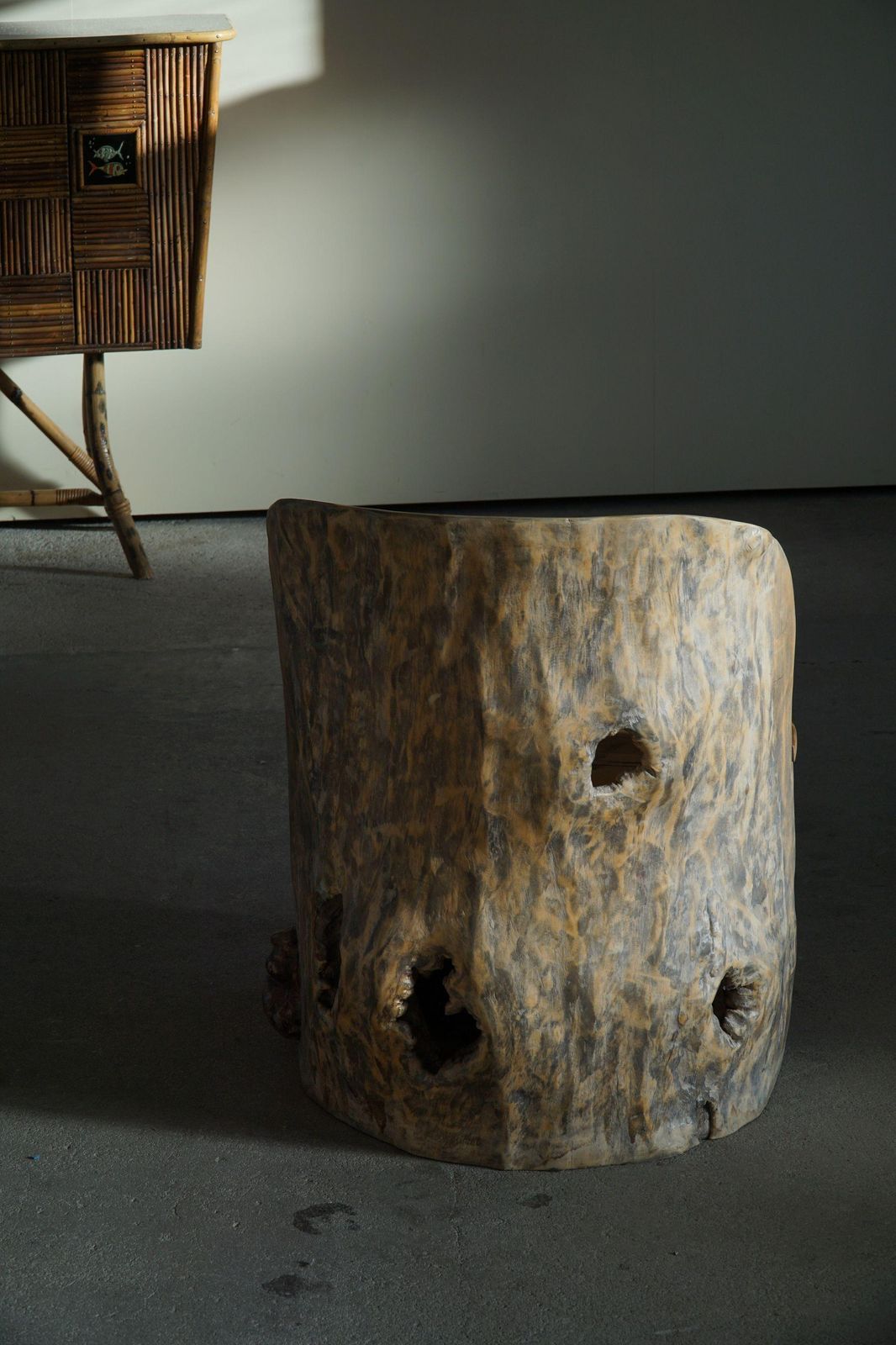 Furniture Mid Century Sculptural Brutalist Norwegian Stump Chair In Solid Wood photo