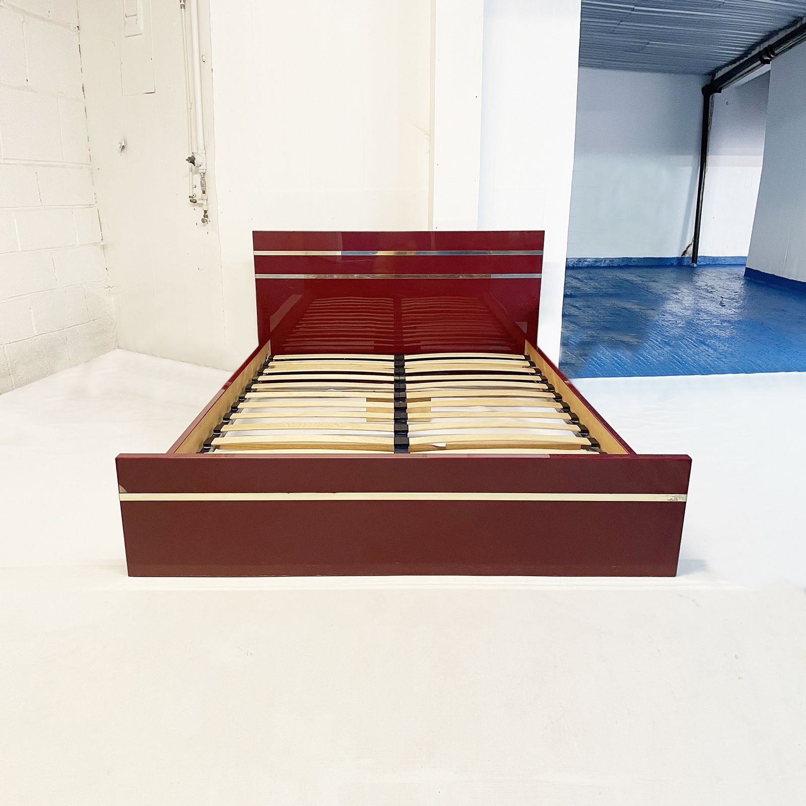 Eric Maville Burgundy Double Bed Only 1970s Hollywood Regency Mid Century Bedroom Brass Metal Frame photo furniture