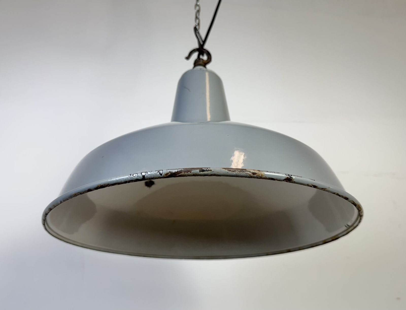 Industrial British Grey Enamel Factory Pendant Lamp, 1960s, 2x photo 219.0