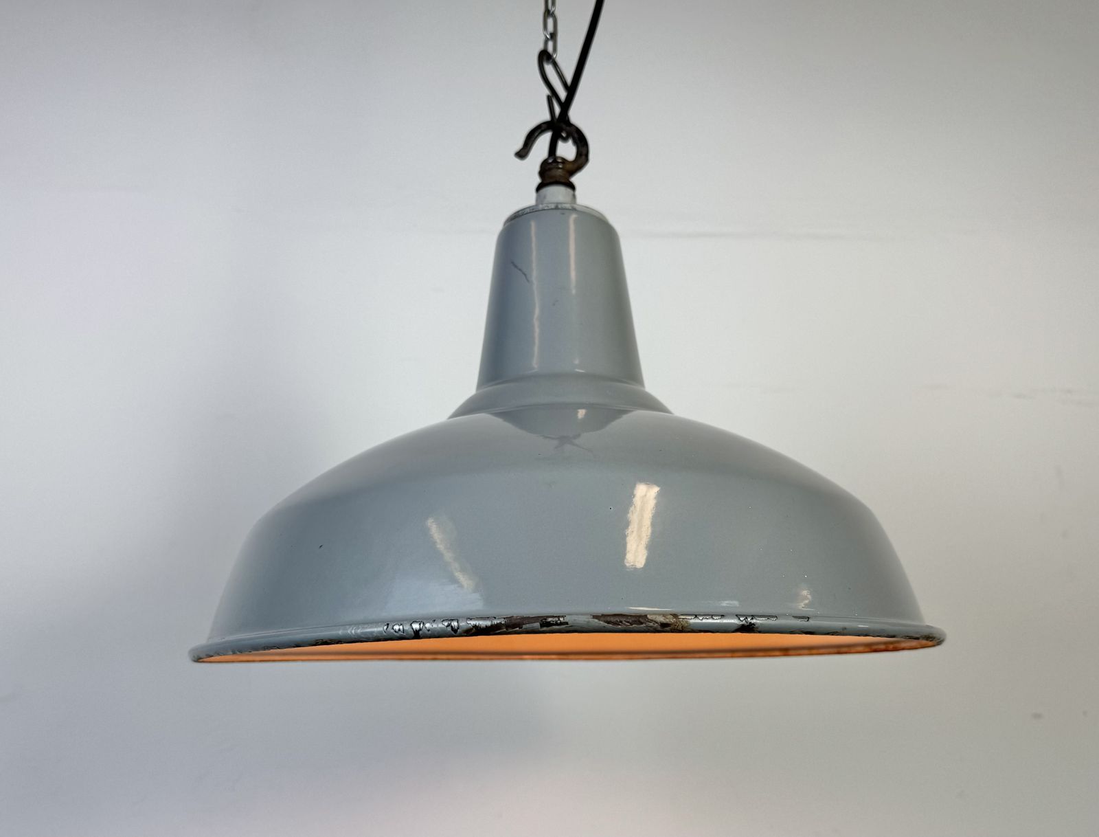 Industrial British Grey Enamel Factory Pendant Lamp, 1960s, 2x photo vintage