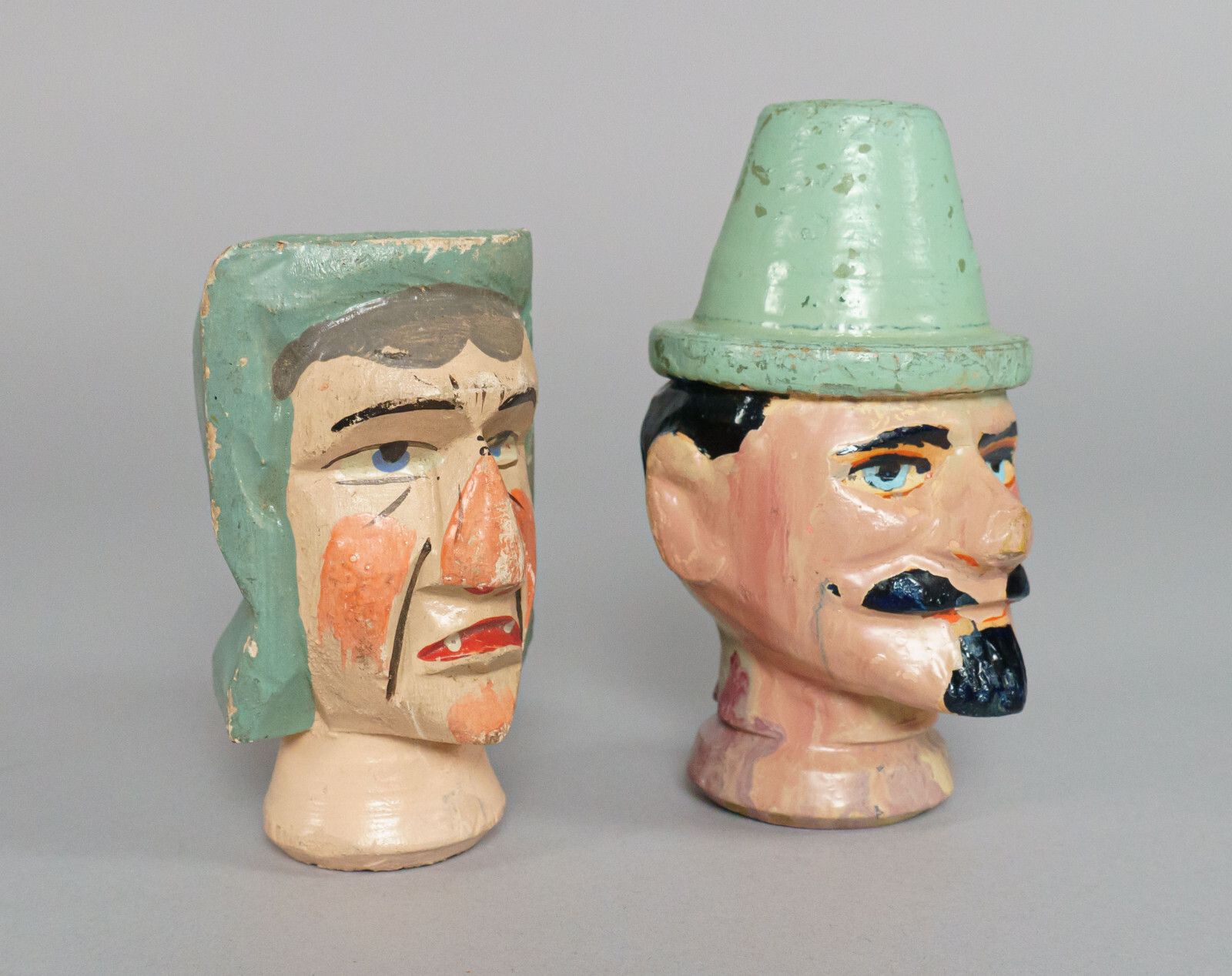 Pair Of Antique Carved / Painted Wooden Punch & Judy Puppet Heads Including Mr Scaramouche