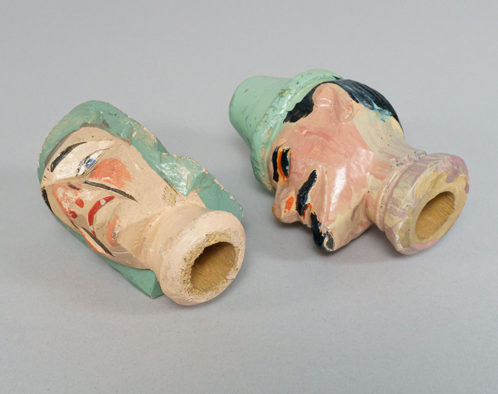 Pair Of Antique Carved / Painted Wooden Punch & Judy Puppet Heads Including Mr Scaramouche photo Art