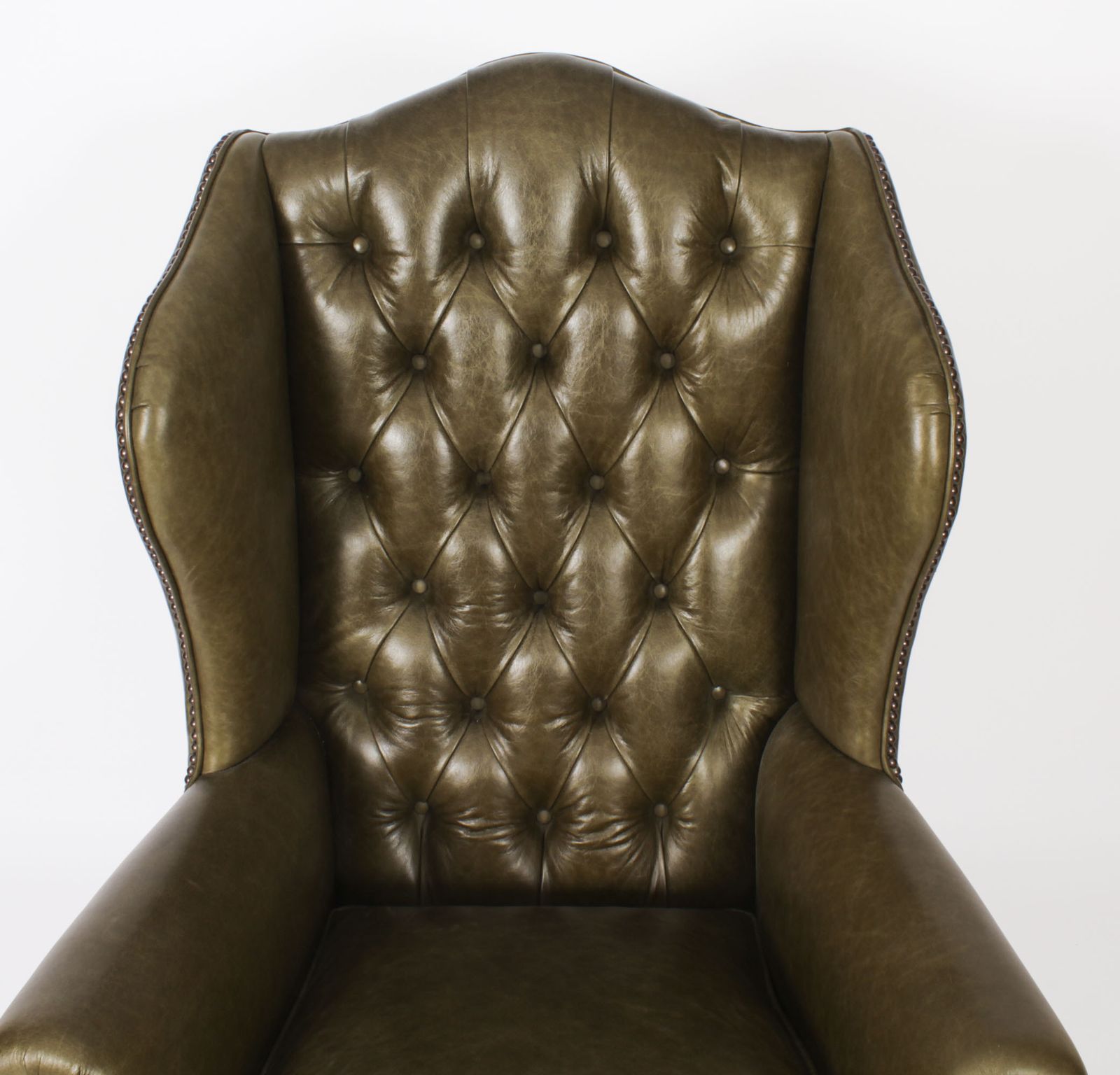 Bespoke Pair Leather Queen Anne Wingback Armchairs Alga Green photo Furniture
