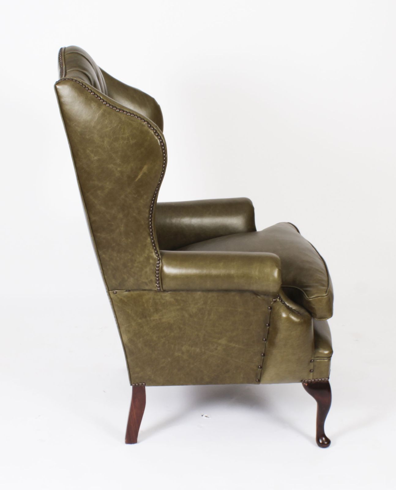 photo for sale Bespoke Pair Leather Queen Anne Wingback Armchairs Alga Green