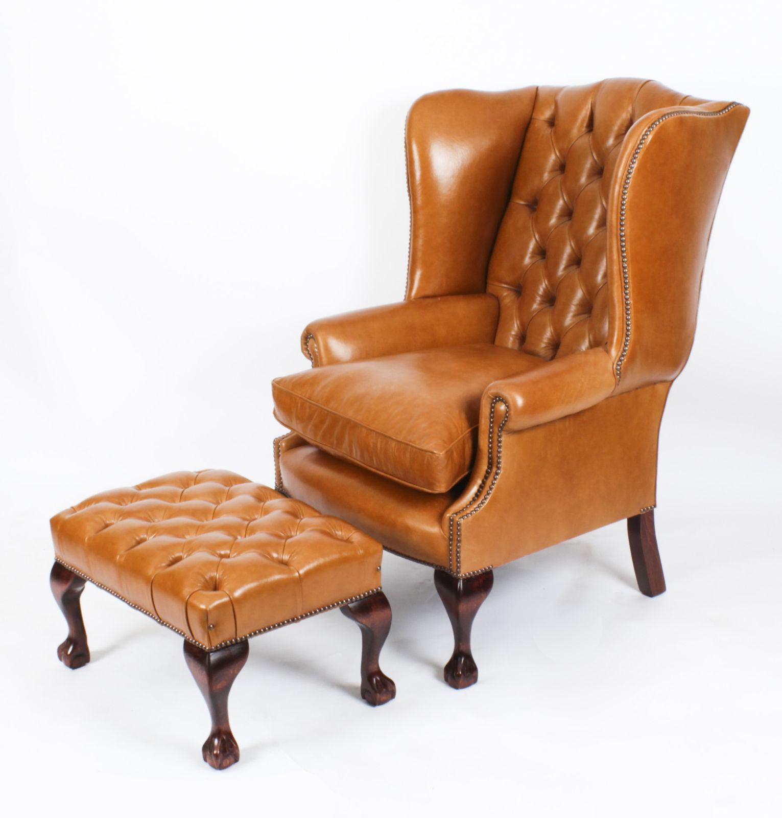 Bespoke Pair Leather Chippendale Wingback Armchairs & Pair Stools  Bruciato photo furniture