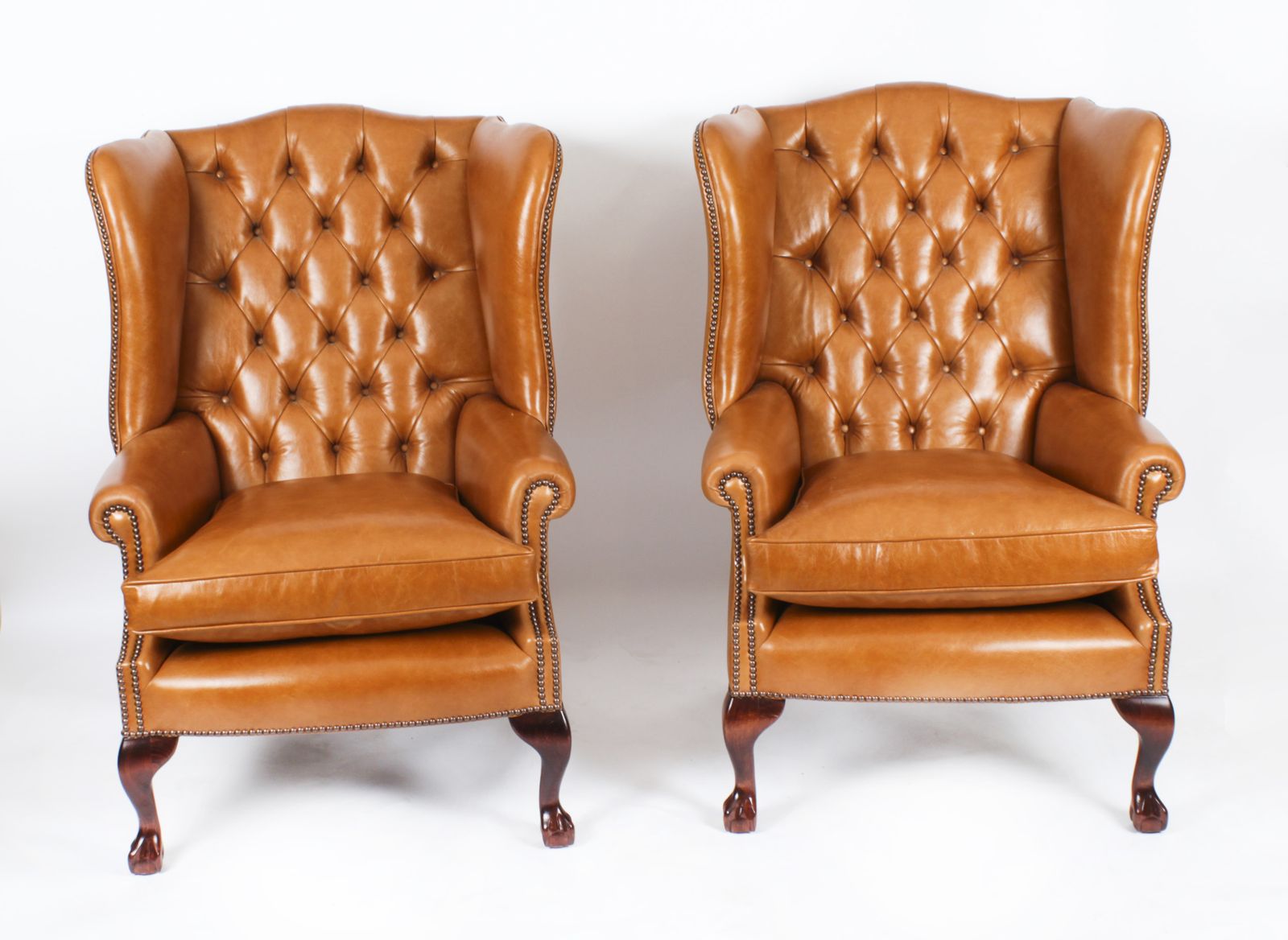 Bespoke Pair Leather Chippendale Wingback Armchairs & Pair Stools  Bruciato photo for sale