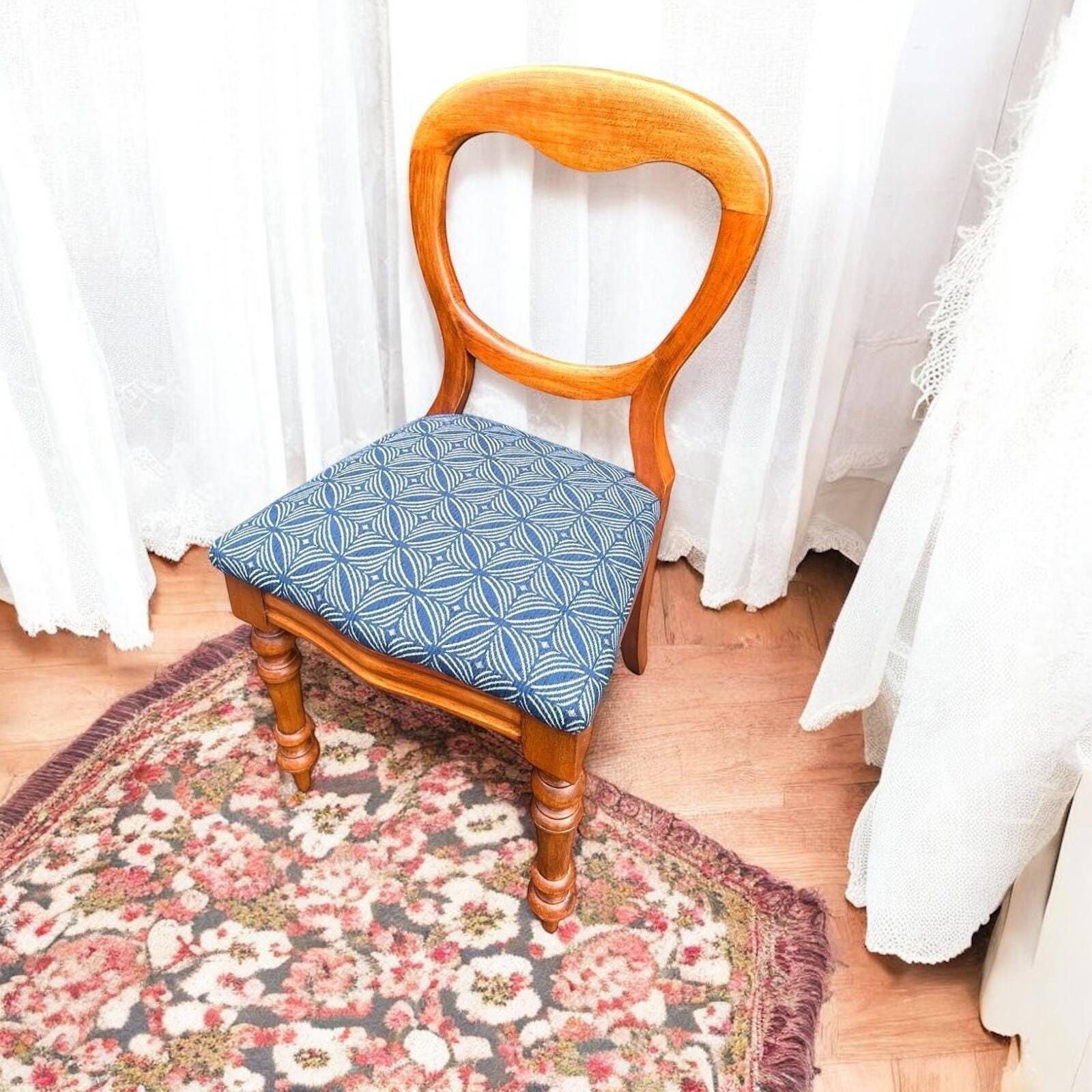 Vintage Balloon Back Bedroom Chair / C1970 / Wooden Frame / Blue Fabric