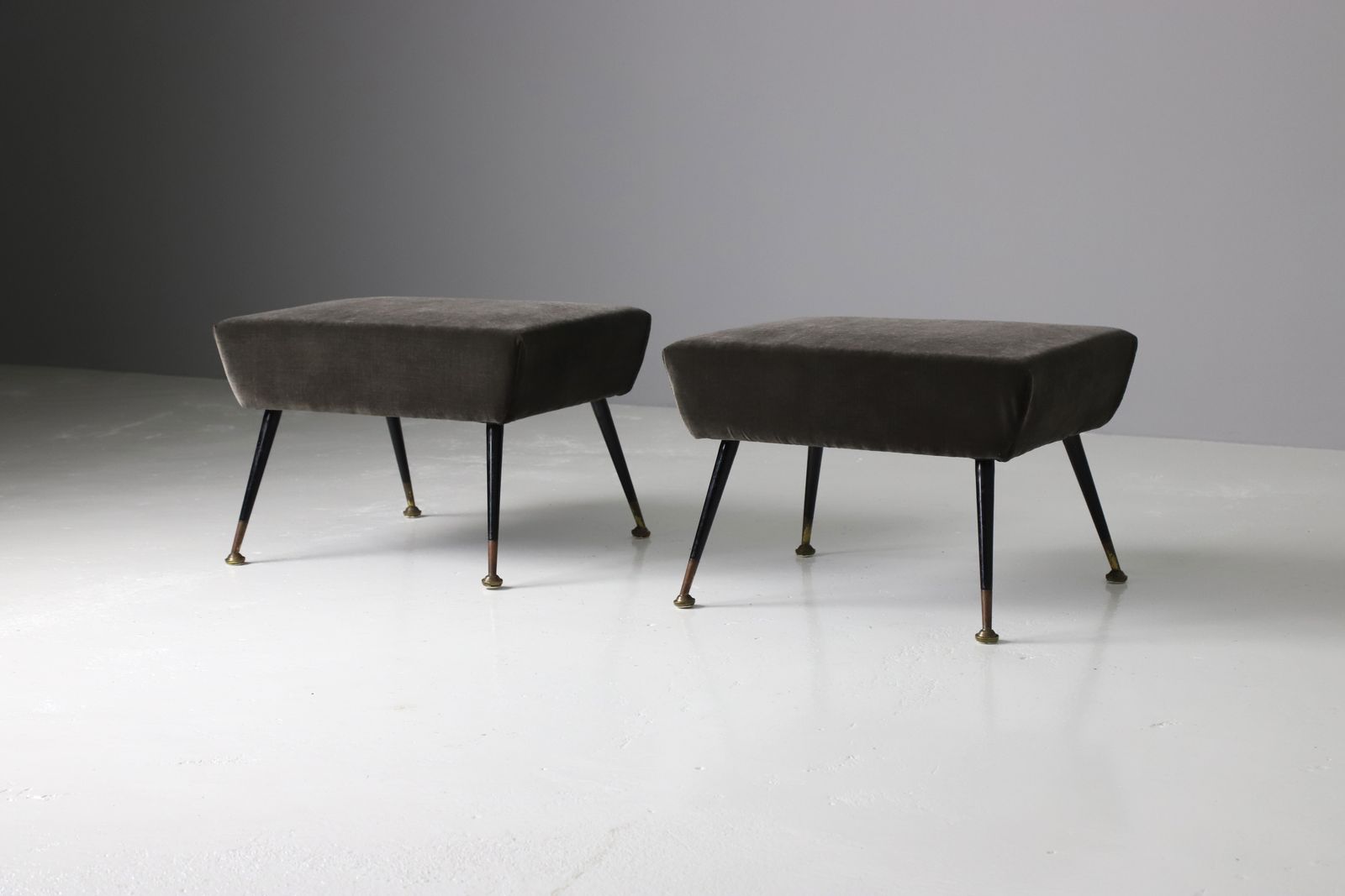 Pair Of Italian Footstools In Velvet & Brass