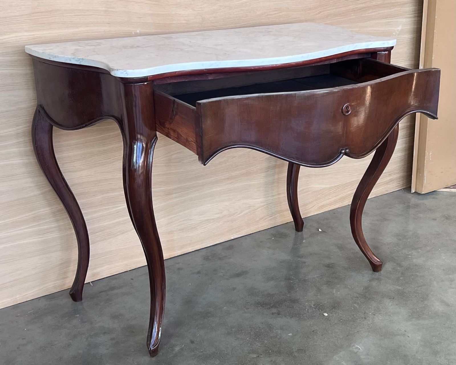 photo furniture 19th French Regency Carved Walnut Console Table With Drawer & Marble Top