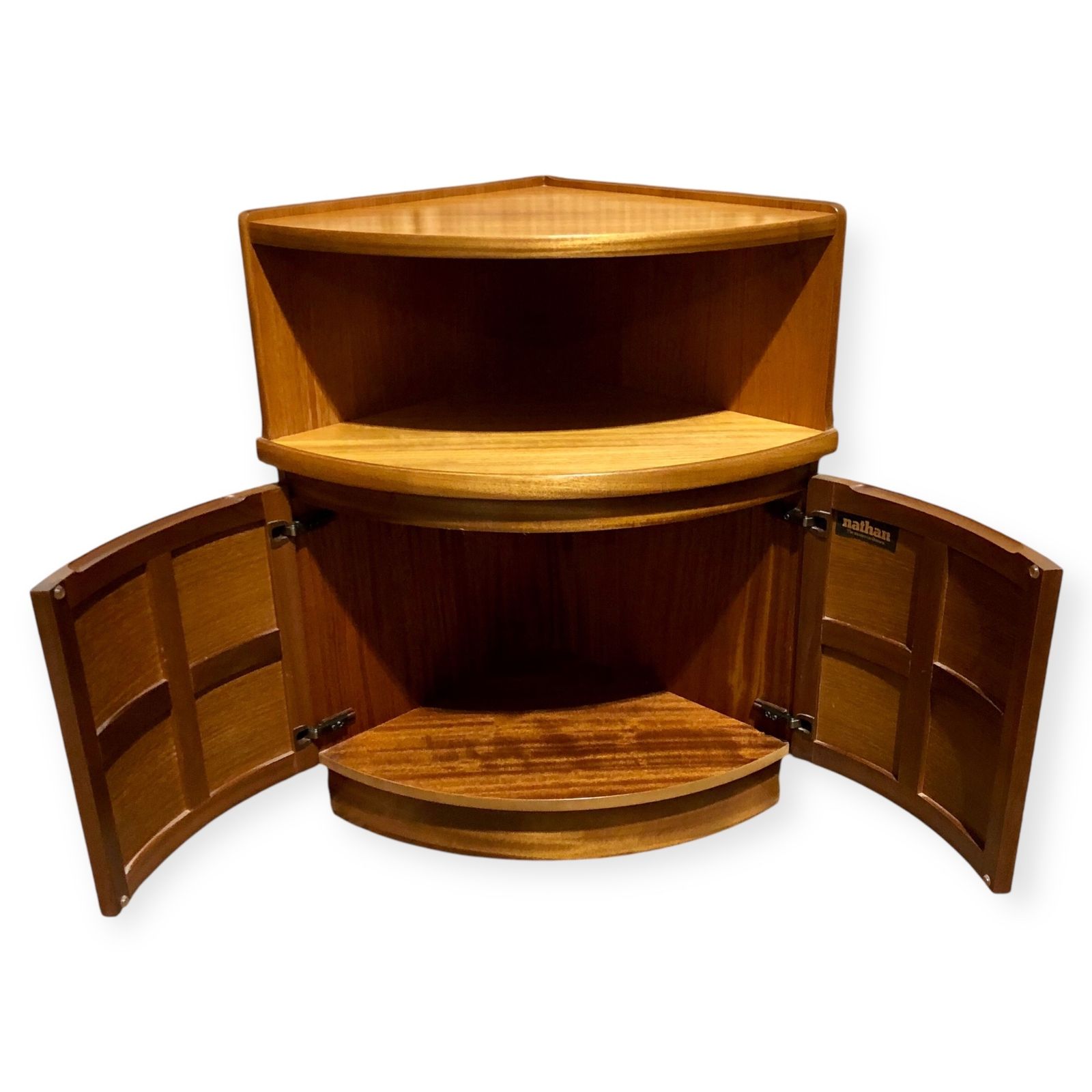 A Handsome Pair Of Retro Teak Corner Cabinets By Nathan photo for sale