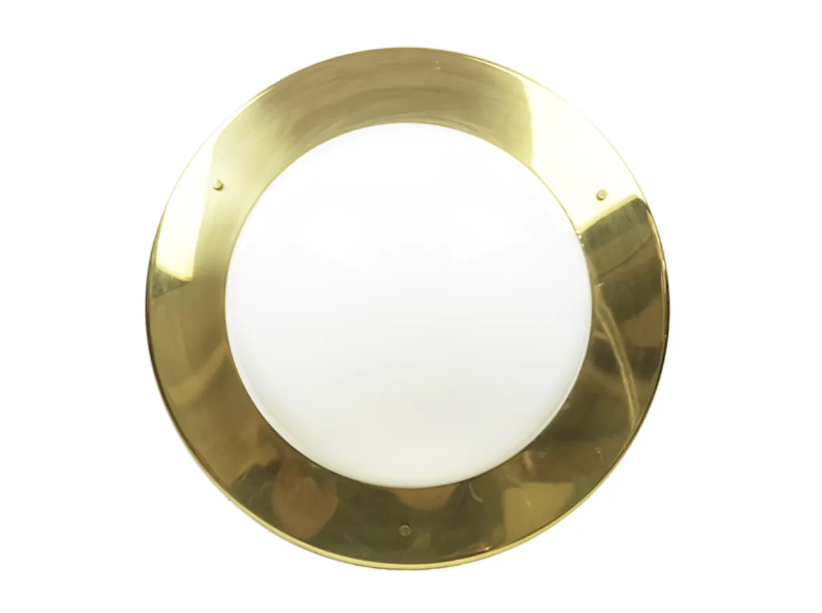 White Opaline Glass Shade & Brass Frame Flush Mount Lamps, 1970s, Set Of 2 photo for sale