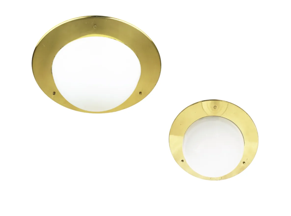 White Opaline Glass Shade & Brass Frame Flush Mount Lamps, 1970s, Set Of 2 photo buy