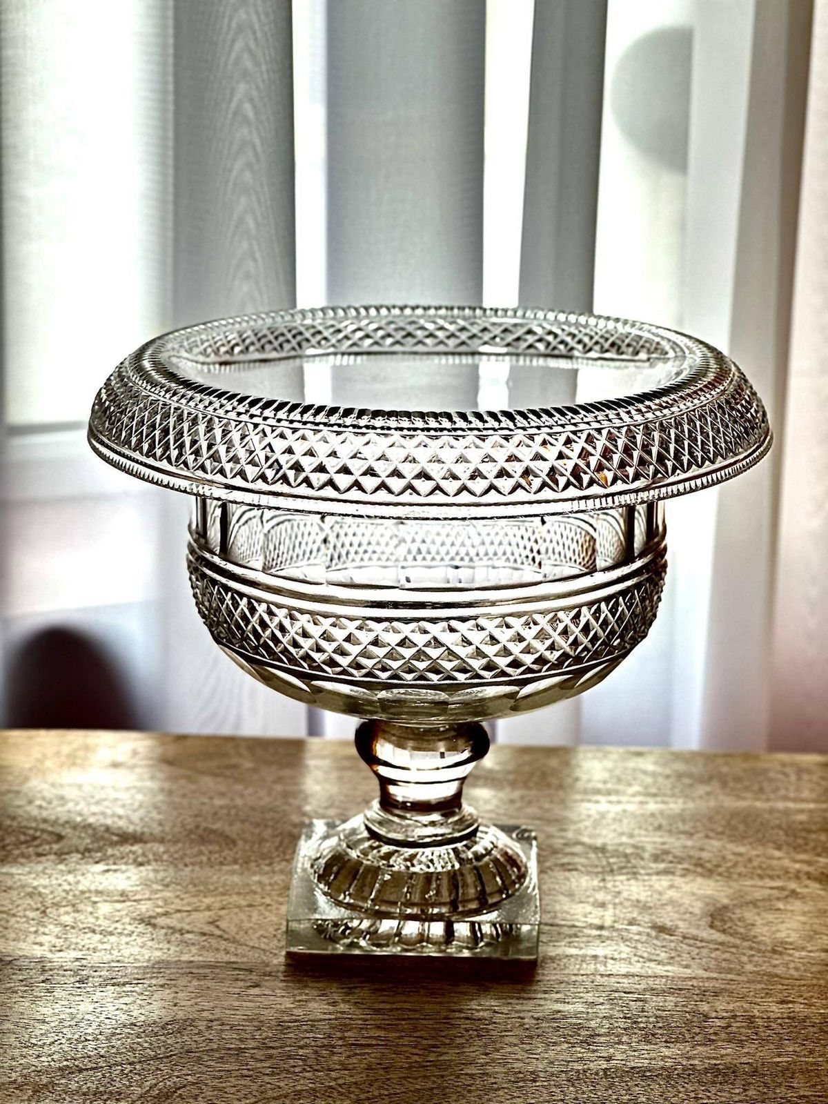 Antique Anglo Irish Cut Glass Pedestal Bowl (C.1820–1840, Turned Over Rim, Diamond Cut, Lemon Squeezer Base)