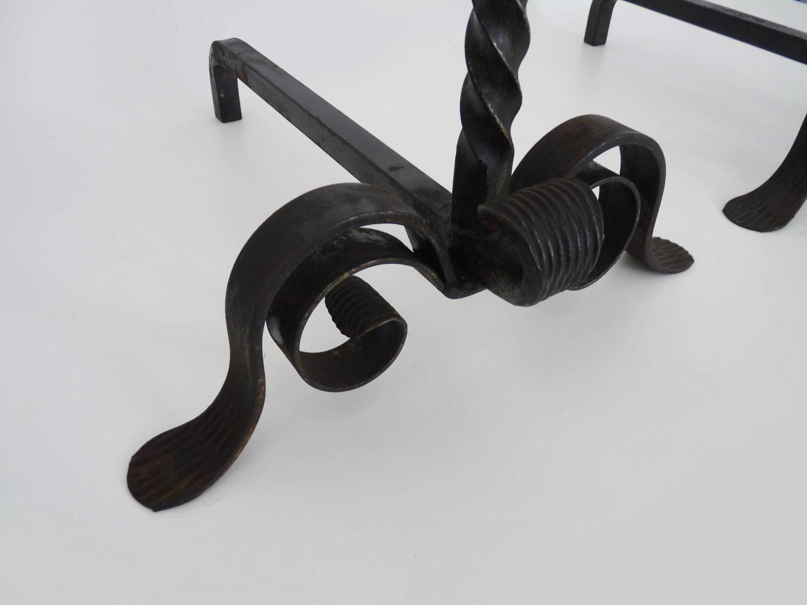 Large Pair Of Wrought Iron And Brass Ball Fireplace Andirons. France 19th Century. photo vintage