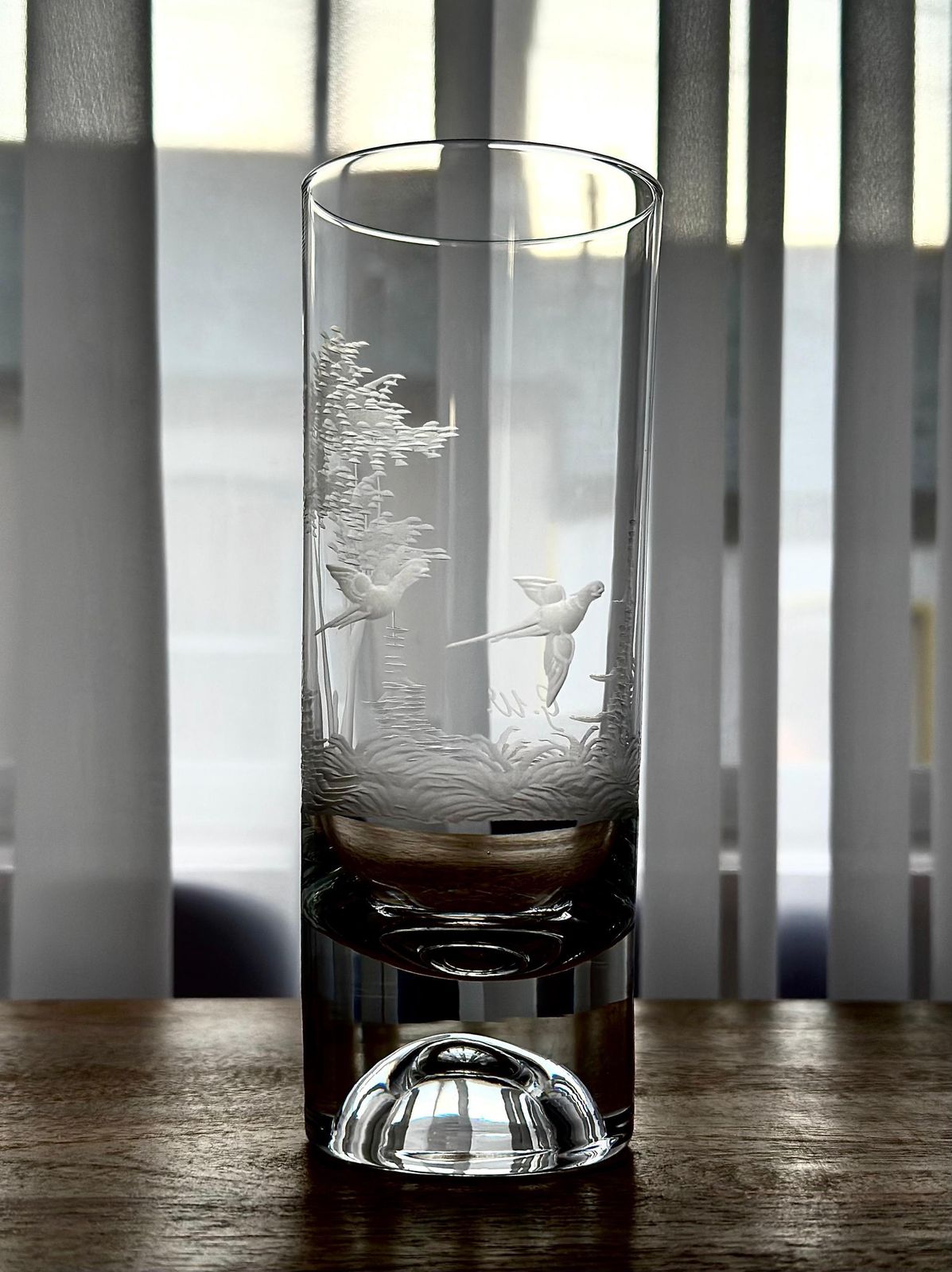 photo for sale Set Of 7 Bohemian Etched Crystal Highball Glasses, G.W. Wilhelm Glassworks, Hand Blown Double Bottom Barware, Vintage Wildlife Glassware