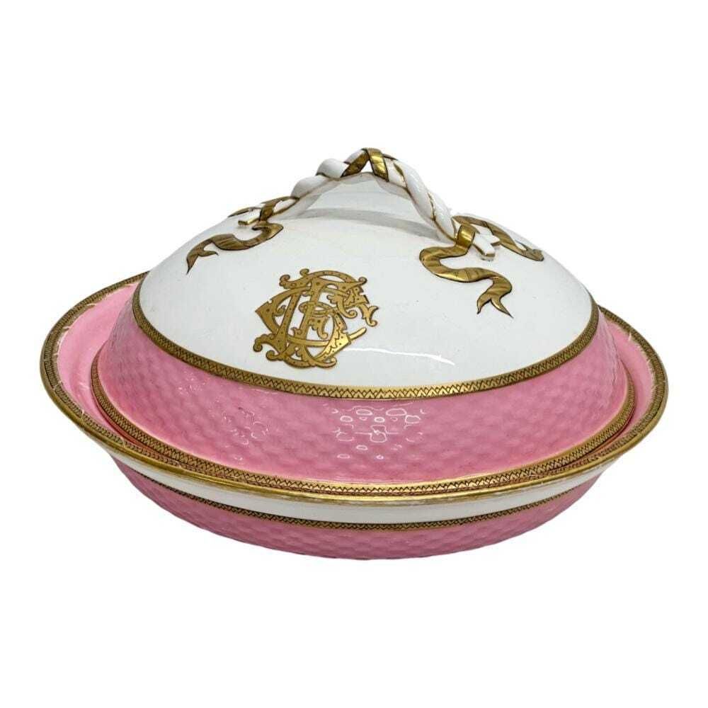 19th Century French Old Paris Porcelain Tureen   Monogrammed With Pink & Gold Detailing   Circa 1860s photo for sale