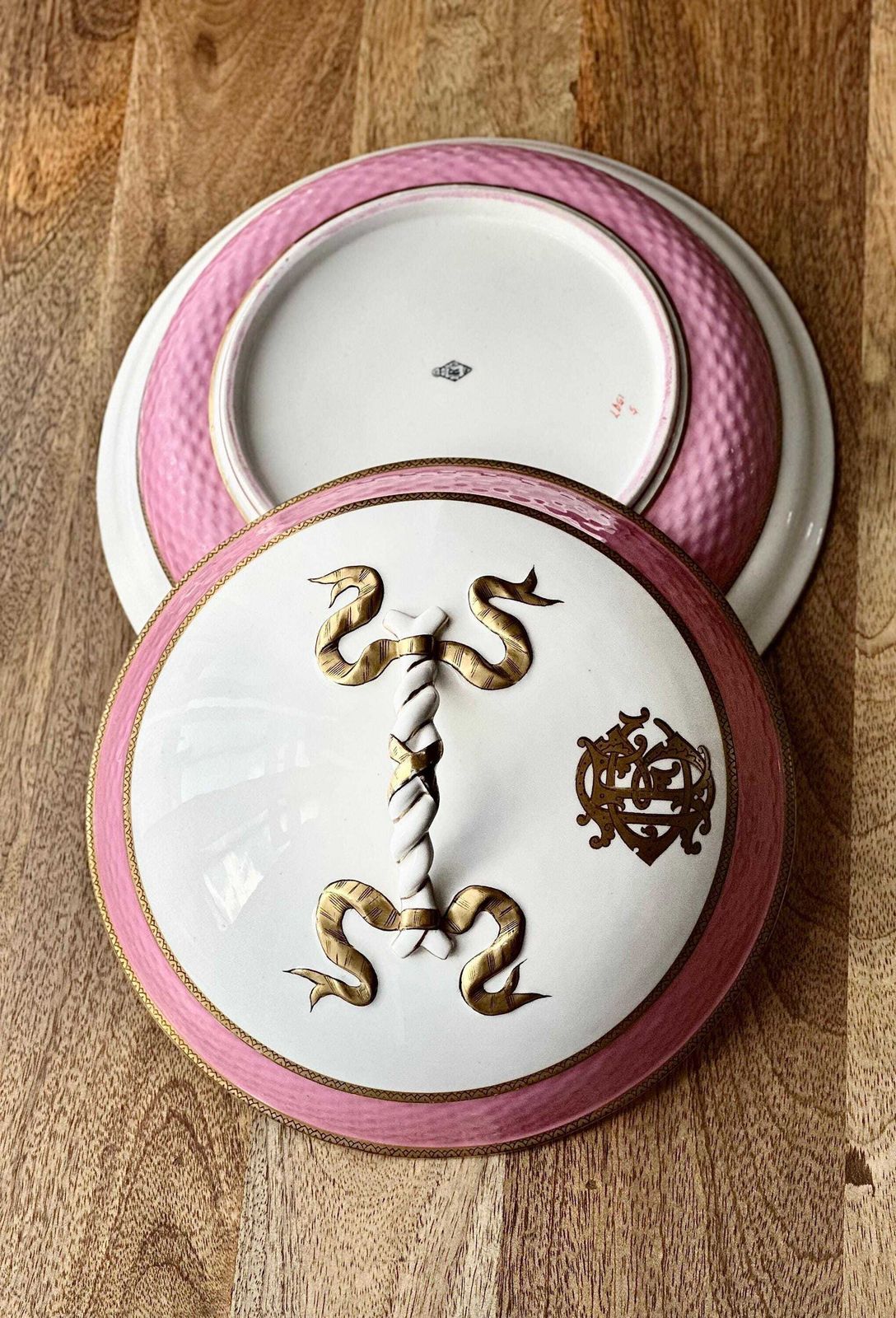 19th Century French Old Paris Porcelain Tureen   Monogrammed With Pink & Gold Detailing   Circa 1860s photo vinterior