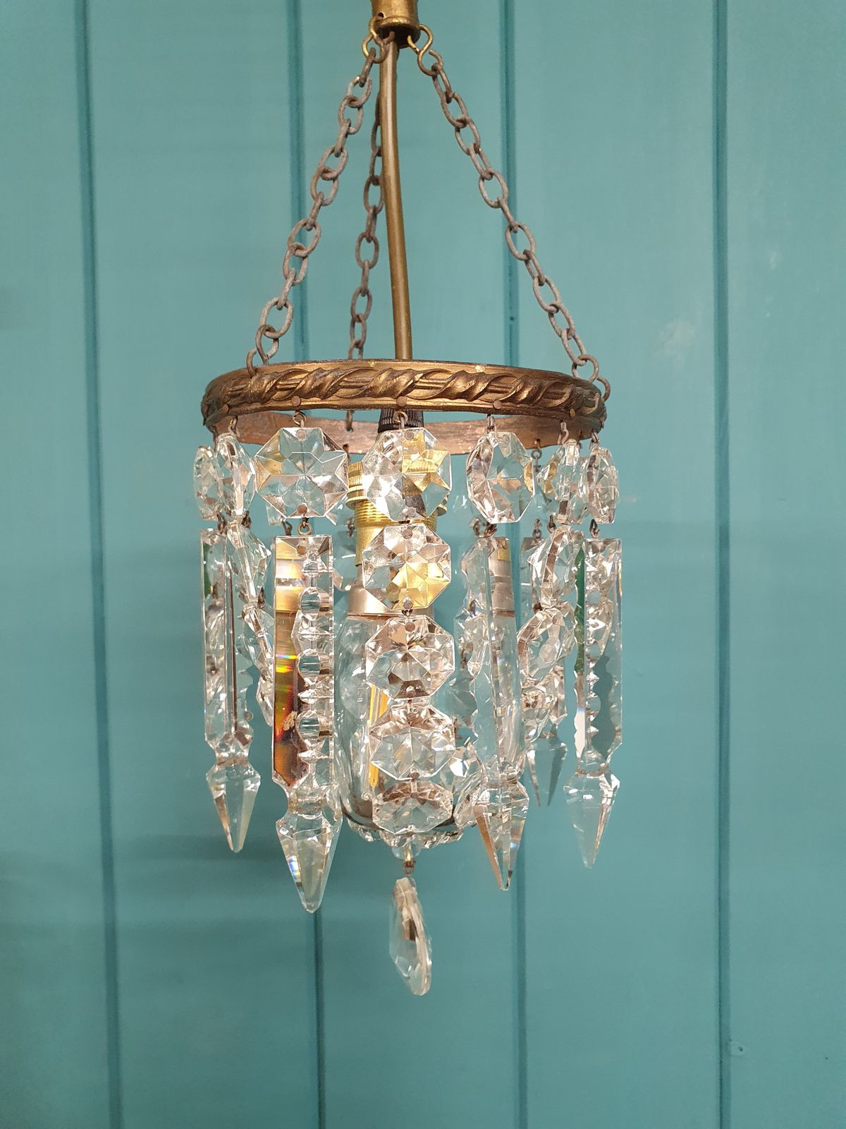 Early 20th Century Pair Of Bag Chandeliers With Lustres 5" photo for sale