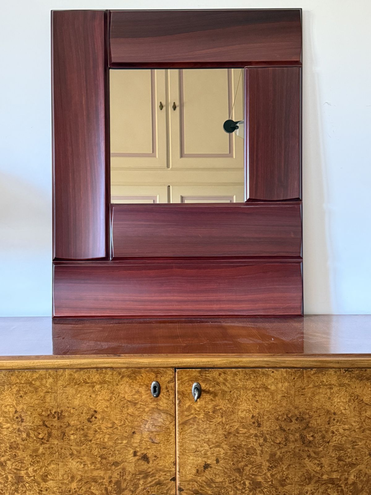 Luciano Frigerio, Hollywood Regency Mod. Tartaro Solid Padouk Wood Mirror, Italy 1970s photo furniture