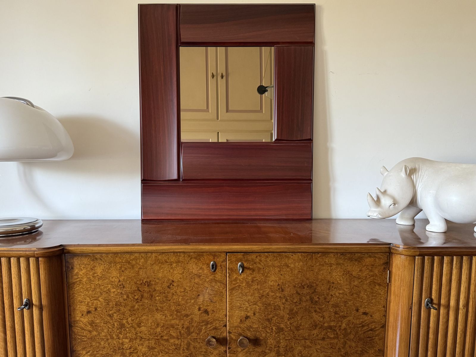 Luciano Frigerio, Hollywood Regency Mod. Tartaro Solid Padouk Wood Mirror, Italy 1970s photo buy