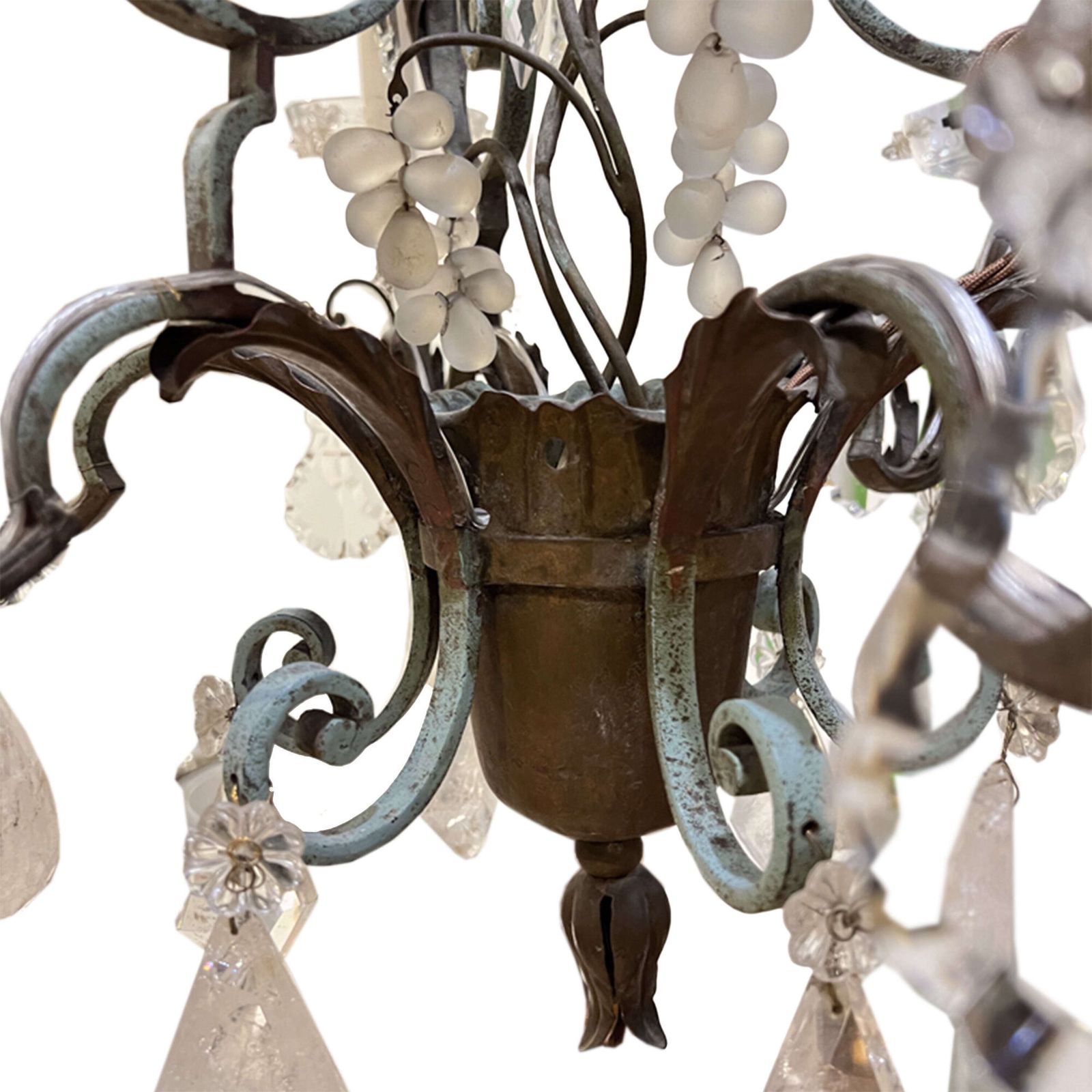 Large French 1940s Wrought Iron & Tole Wear, Rock Crystal Chandelier photo Lighting