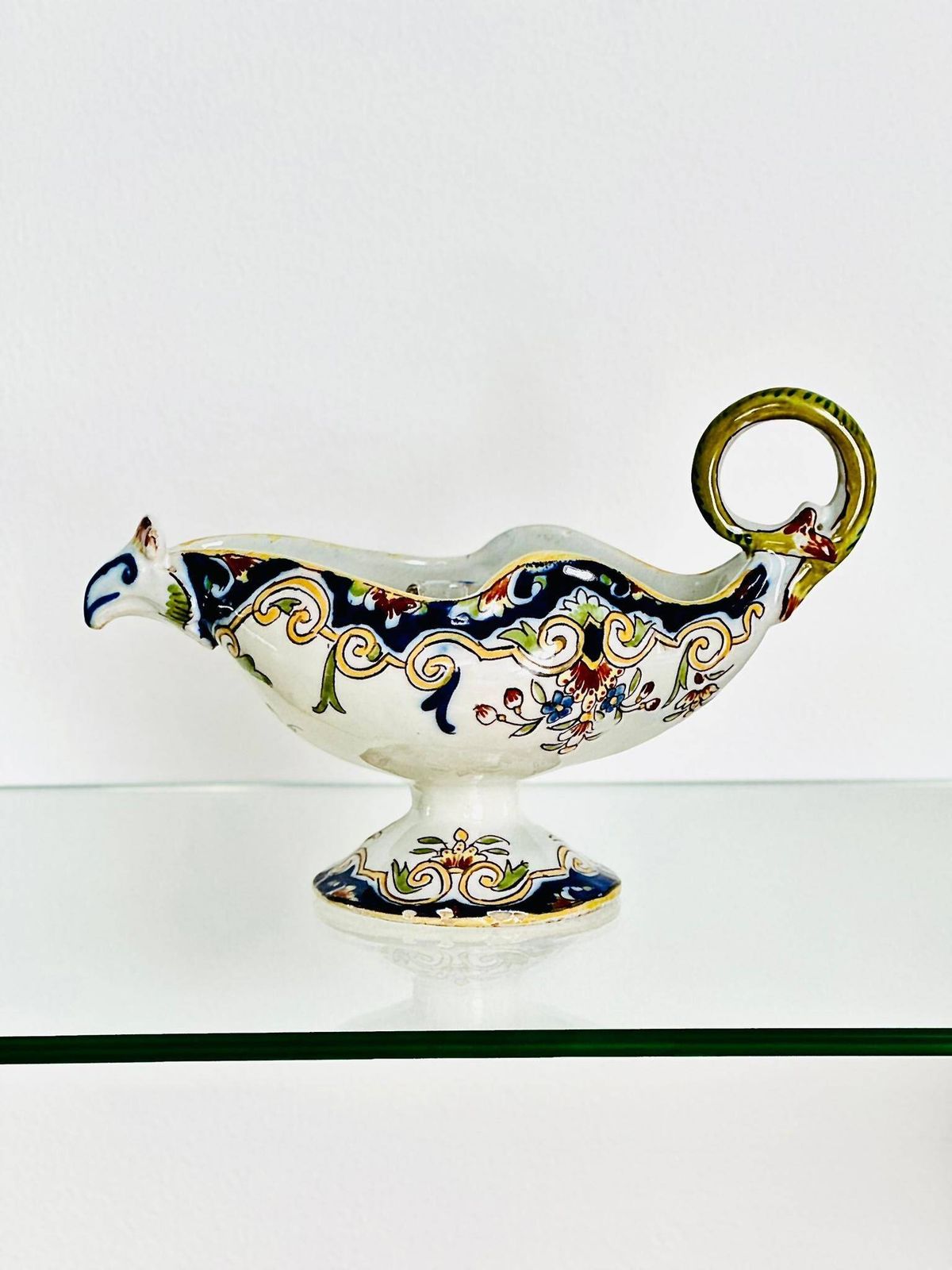 Early 20th Century French Faience Rouen Chamber Stick – Hand Painted Antique Candle Holder photo for sale