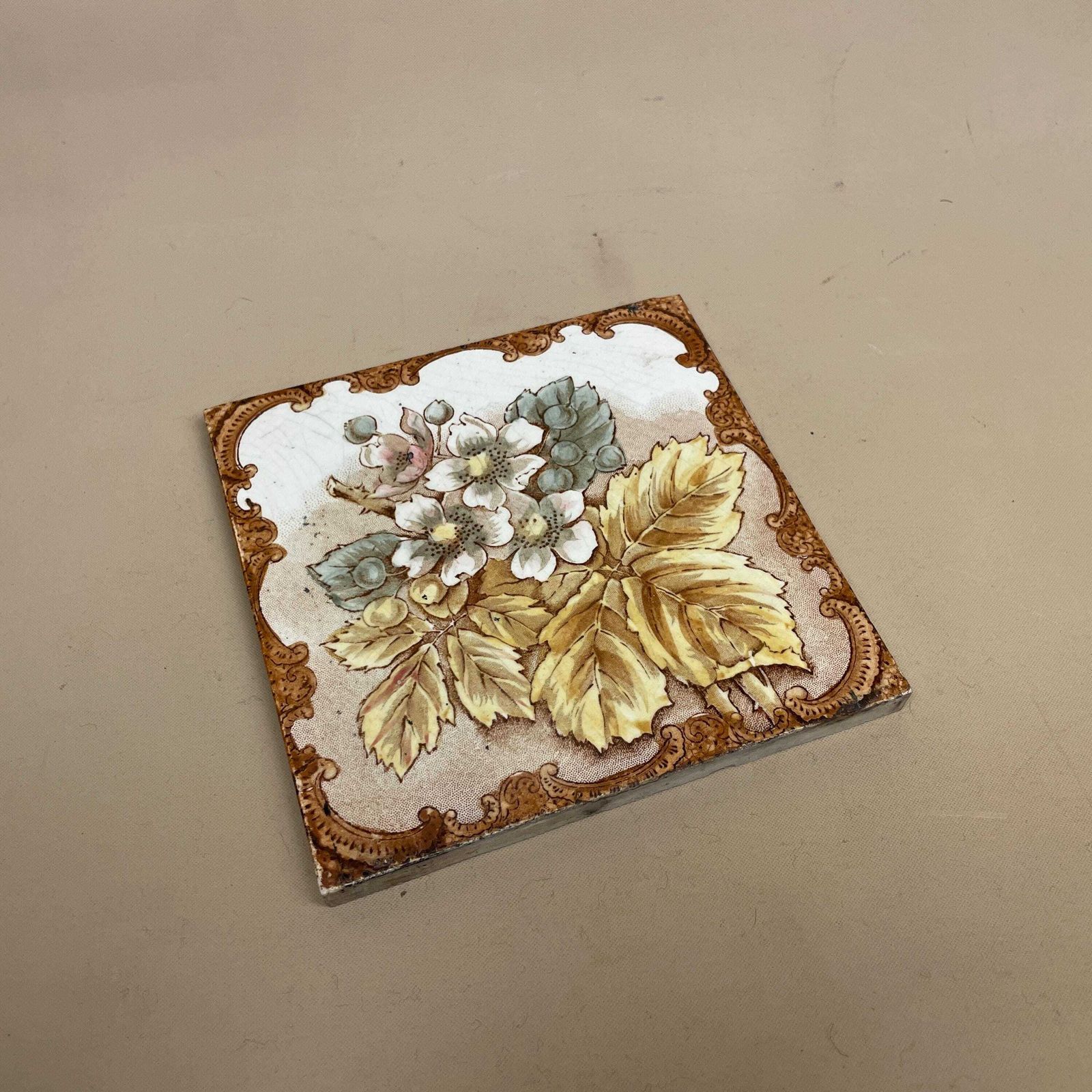 Antique Vintage Floral Tile Ceramic Square Old Floral Pattern 15.5x15.5cm Placemat Patterned Decorative Victorian Coaster Plant Stand Brown photo 55.0