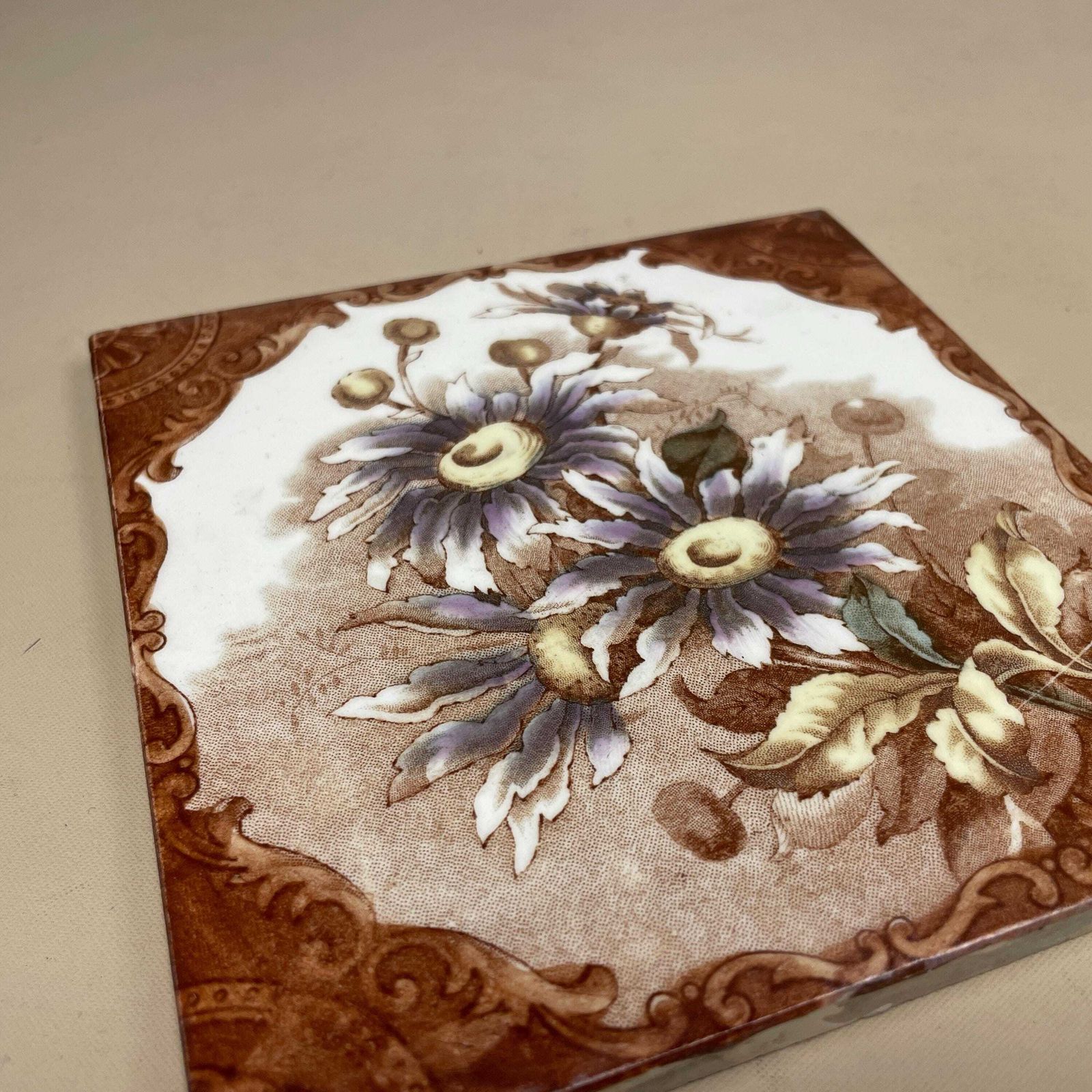 Antique Vintage Floral Tile Ceramic Square Old Floral Pattern 15.5x15.5cm Placemat Patterned Decorative Victorian Coaster Plant Stand Brown photo Home Fixtures