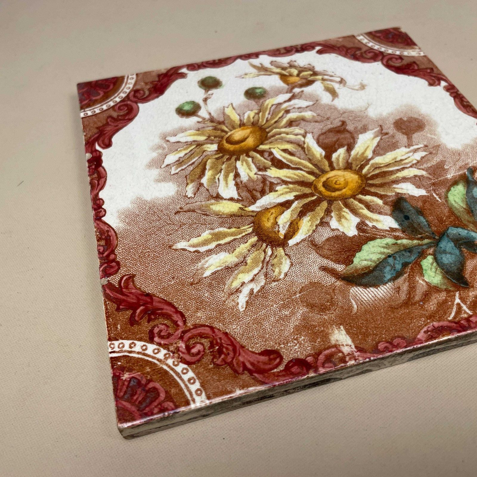 Antique Vintage Floral Tile Ceramic Square Old Floral Pattern 15.5x15.5cm Placemat Patterned Decorative Victorian Coaster Plant Stand Brown photo Home Fixtures