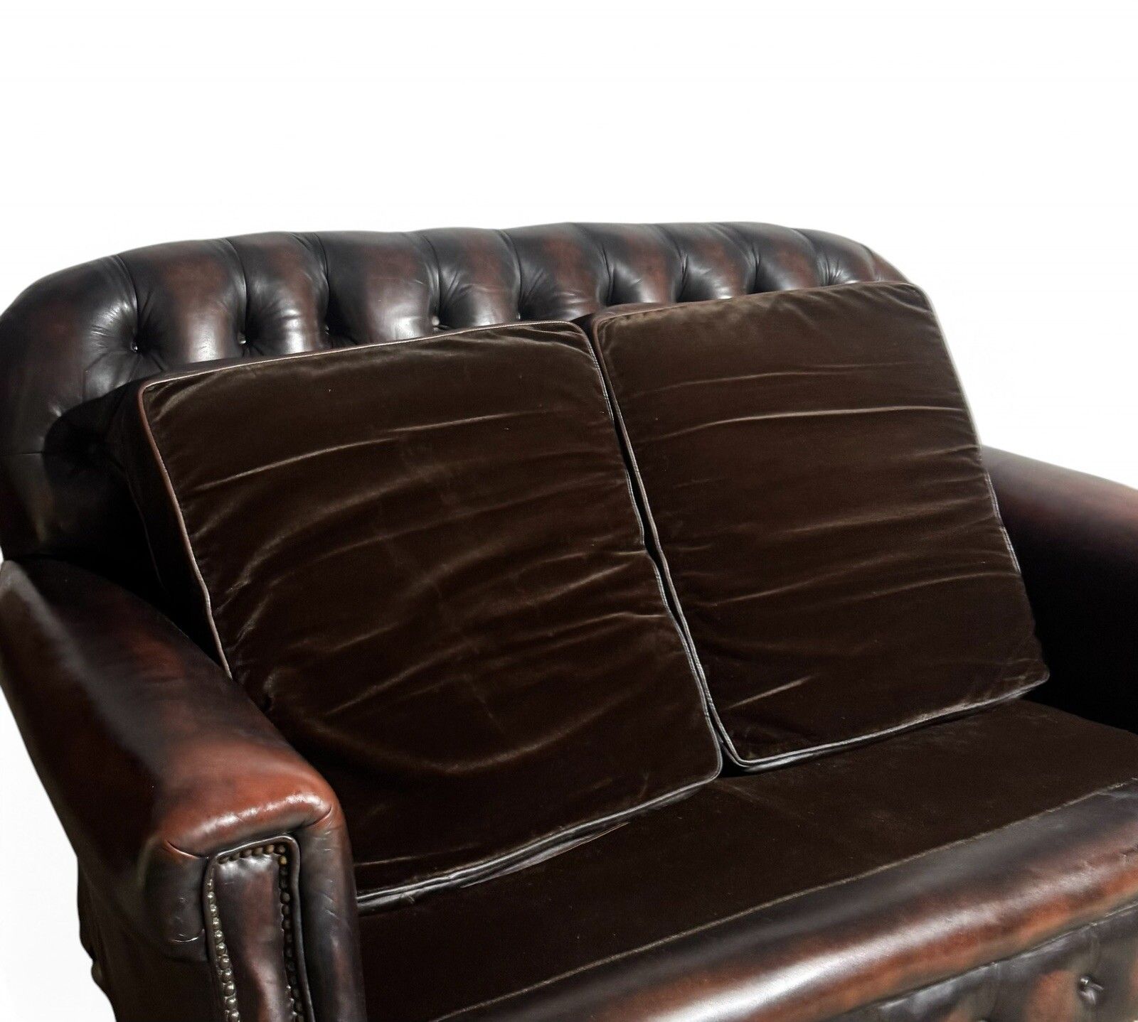 Antique Leather Chesterfield Sofa C1920 Country House  Brown Leather And Suade photo for sale