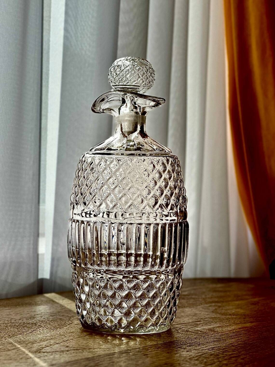19th Century Irish Barrel Shaped Glass Decanter  Molded Diamond Design C. 1820 1830