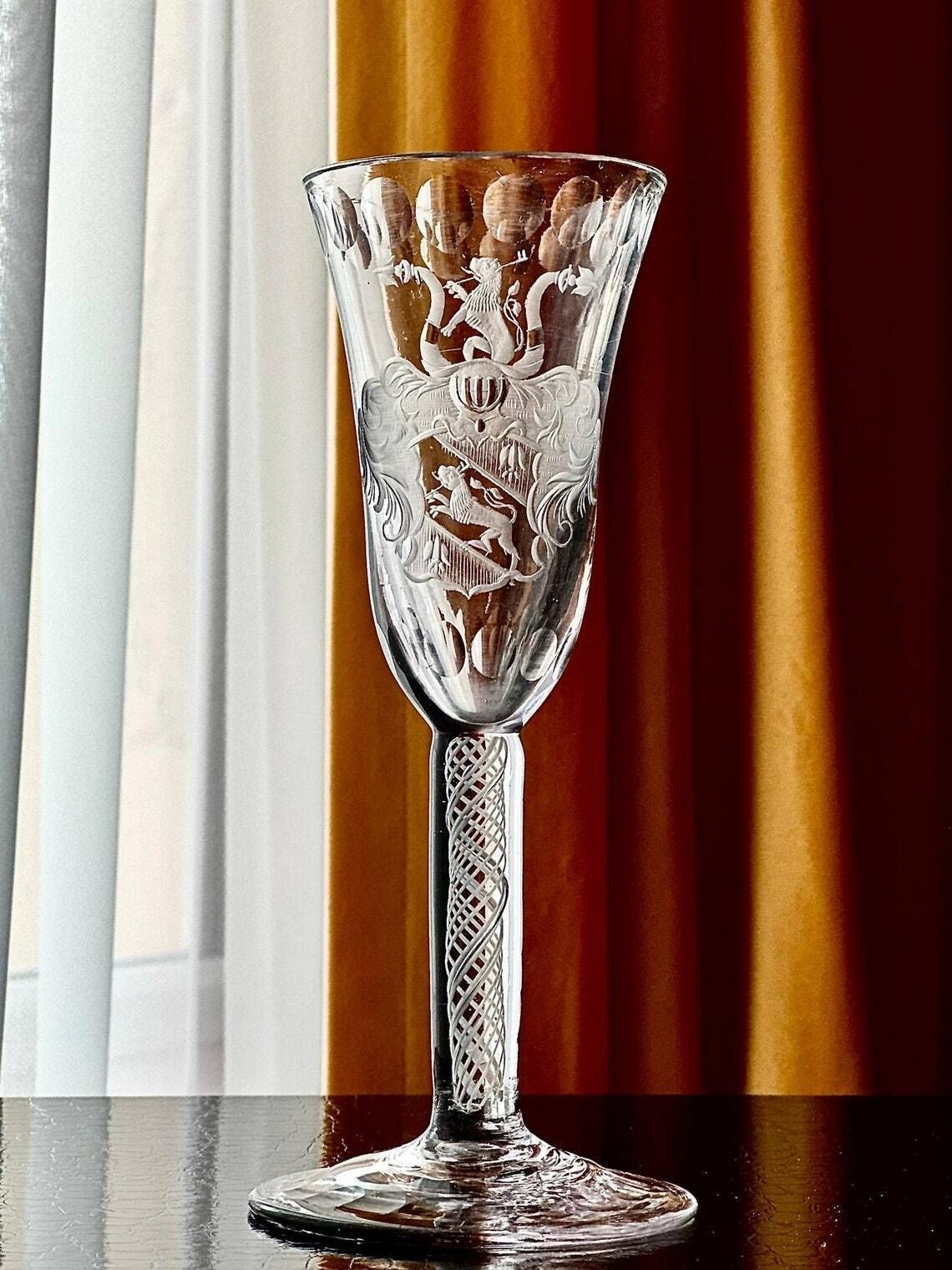 19th Century Continental Armorial Glass  Opaque Twist Stem  Engraved Lion Rampant  18th Century Style photo buy