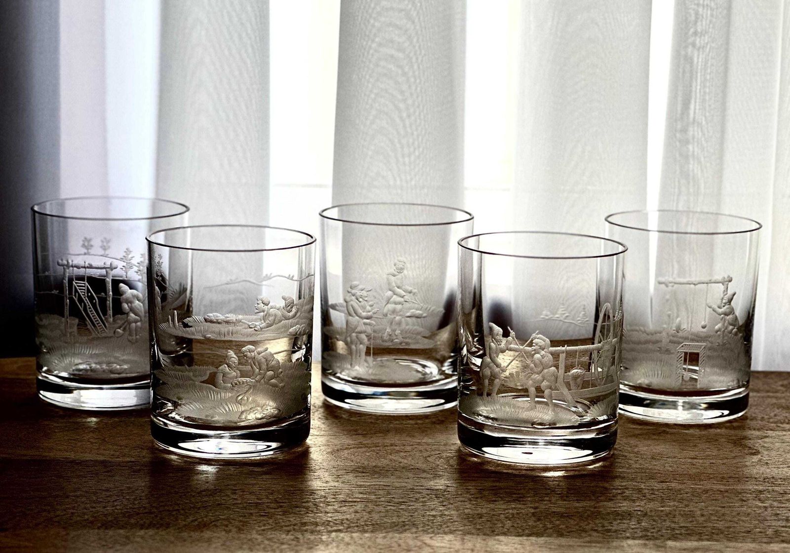 Set Of 5 Vintage Bohemian Engraved Whiskey Glasses, Etched Crystal Tumbler Set, Mid Century Barware, Whiskey Lover Gift