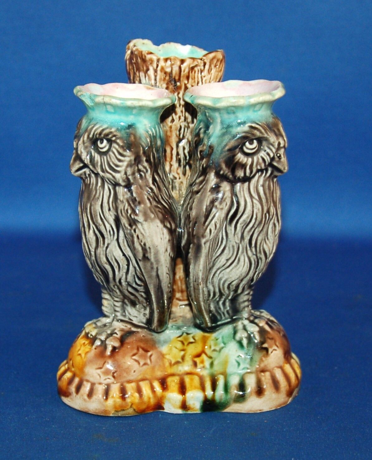 An Antique 19th Century Majolica Porcelain Dual Owl Bird Posy Vase