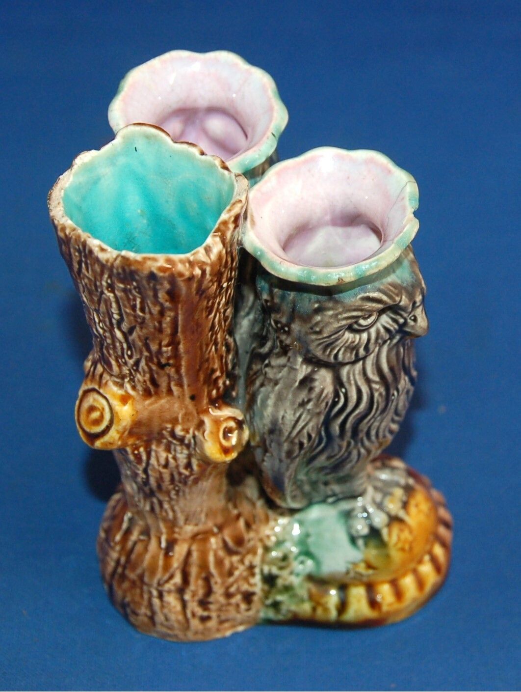 An Antique 19th Century Majolica Porcelain Dual Owl Bird Posy Vase photo 64.0