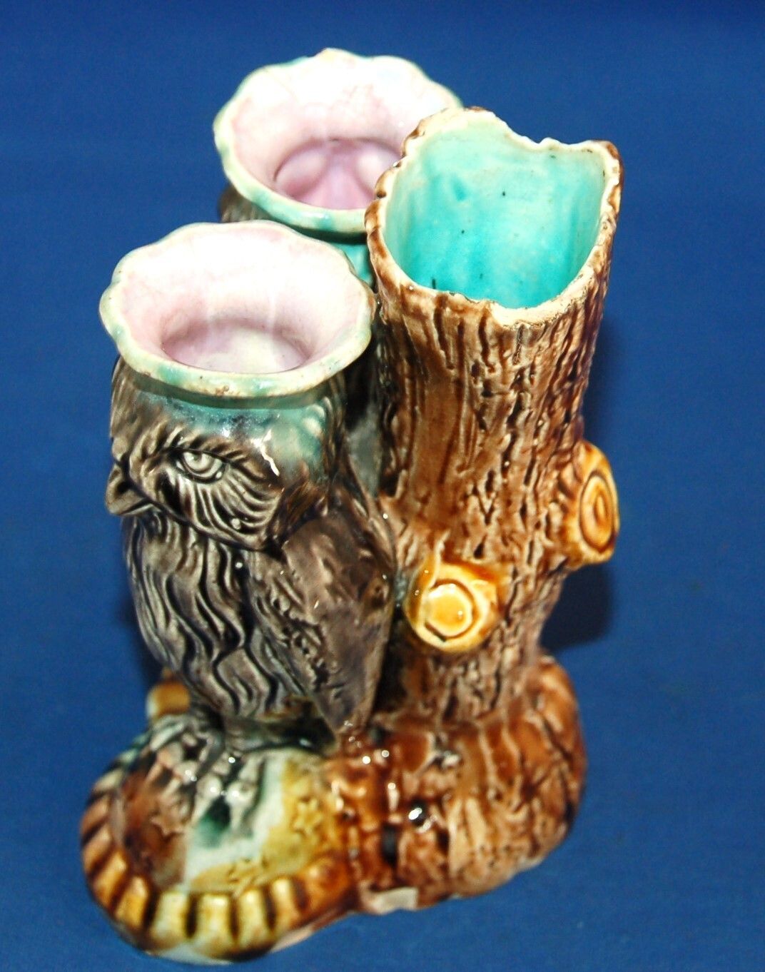 An Antique 19th Century Majolica Porcelain Dual Owl Bird Posy Vase photo vinterior