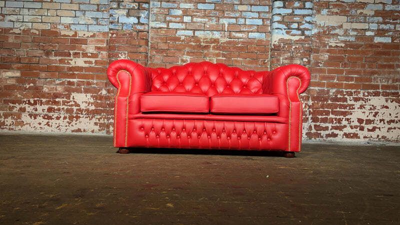 Striking Flame Red Leather 2 Seater Oxford Sofa photo for sale