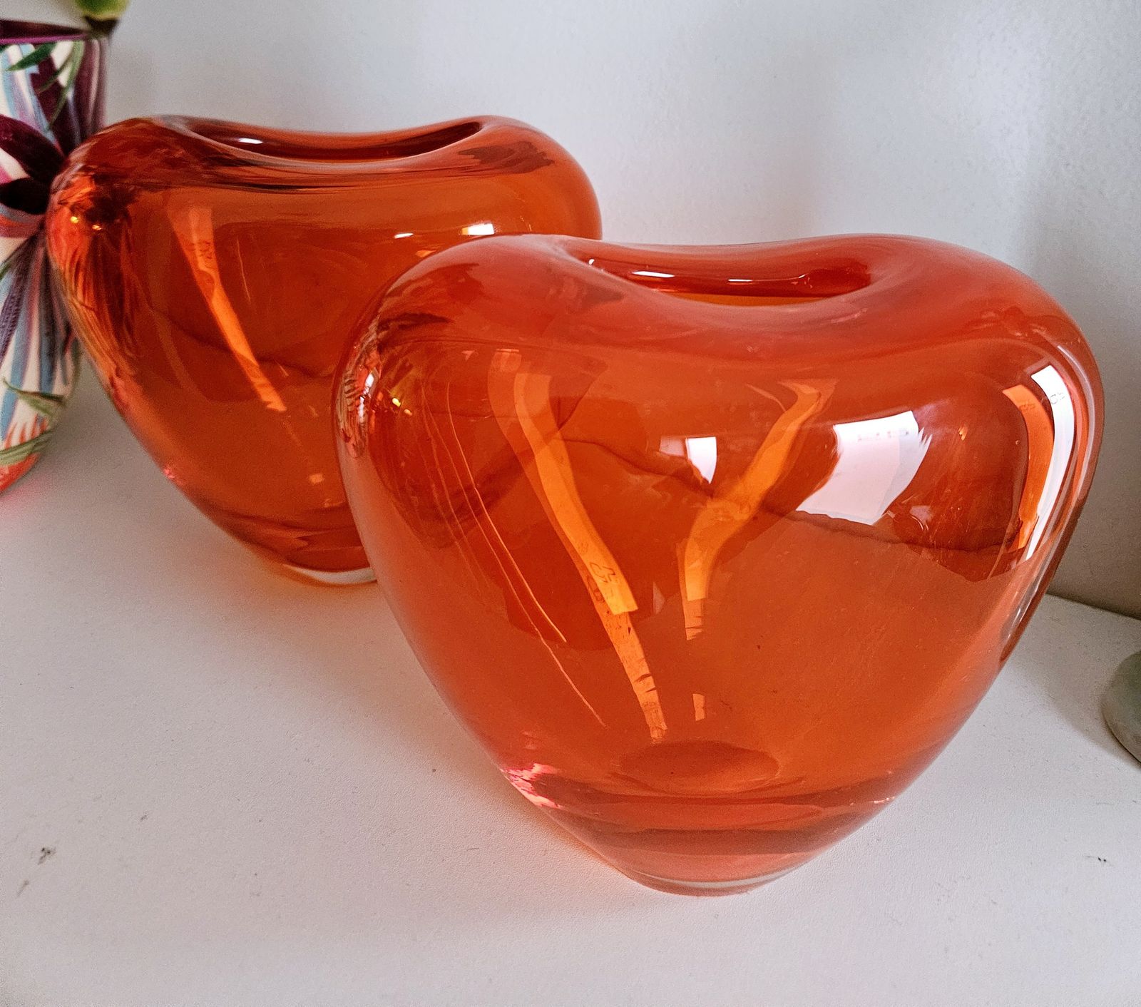 Pair Of Chunky Glass Heart Vases In Electric Orange photo furniture