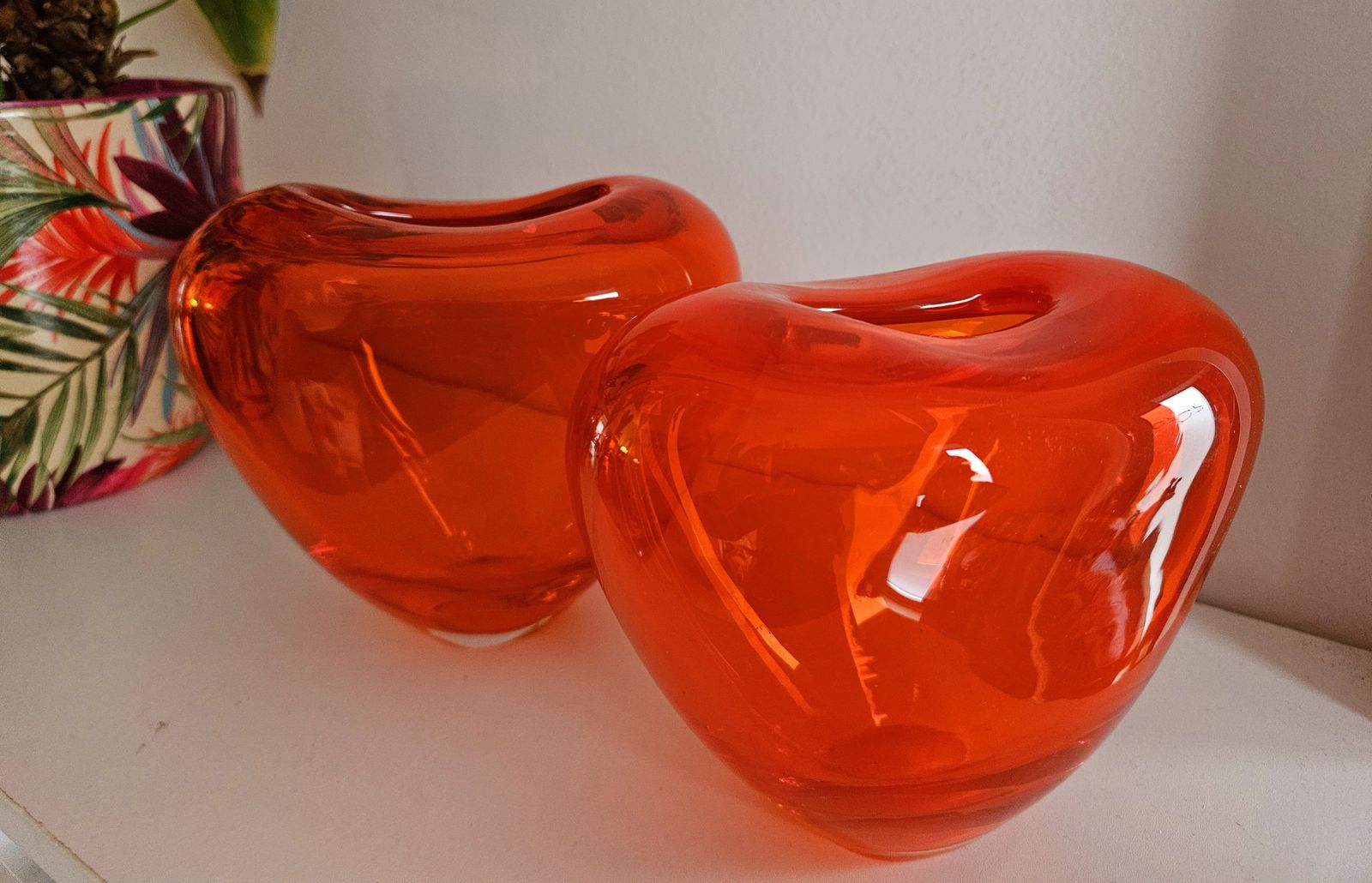 Pair Of Chunky Glass Heart Vases In Electric Orange photo for sale
