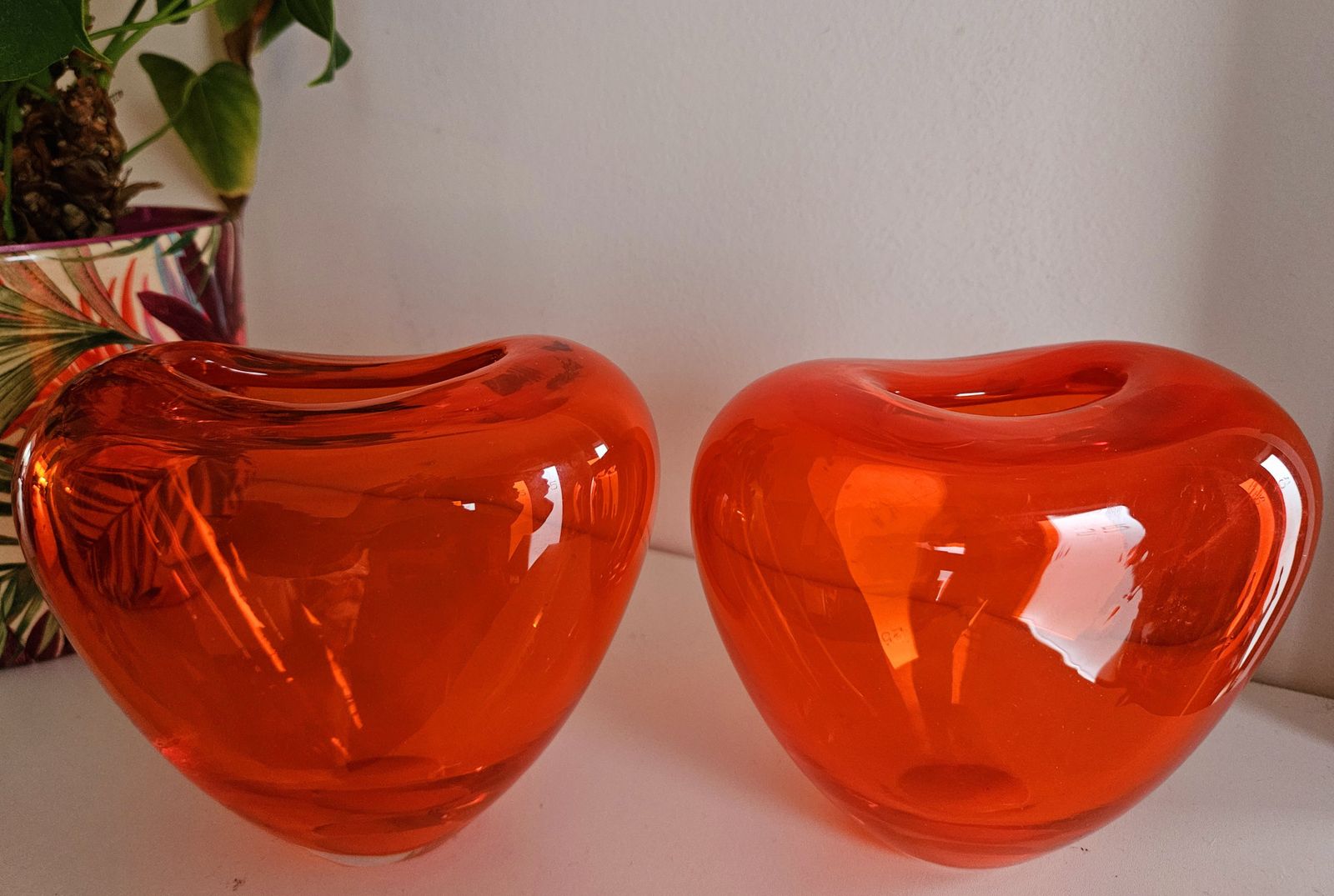 Pair Of Chunky Glass Heart Vases In Electric Orange photo vintage