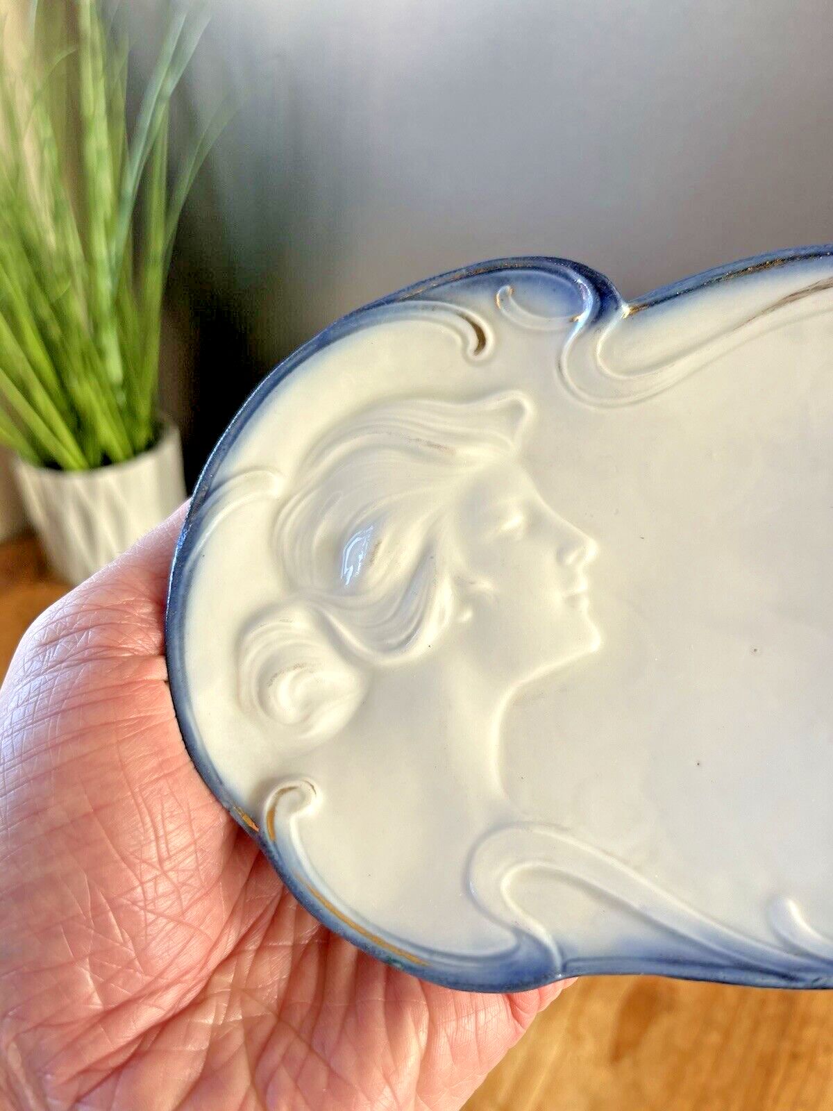 Antique Art Nouveau Lady Maiden Porcelain Card Tray Soap Dish French German ? photo Home Decor