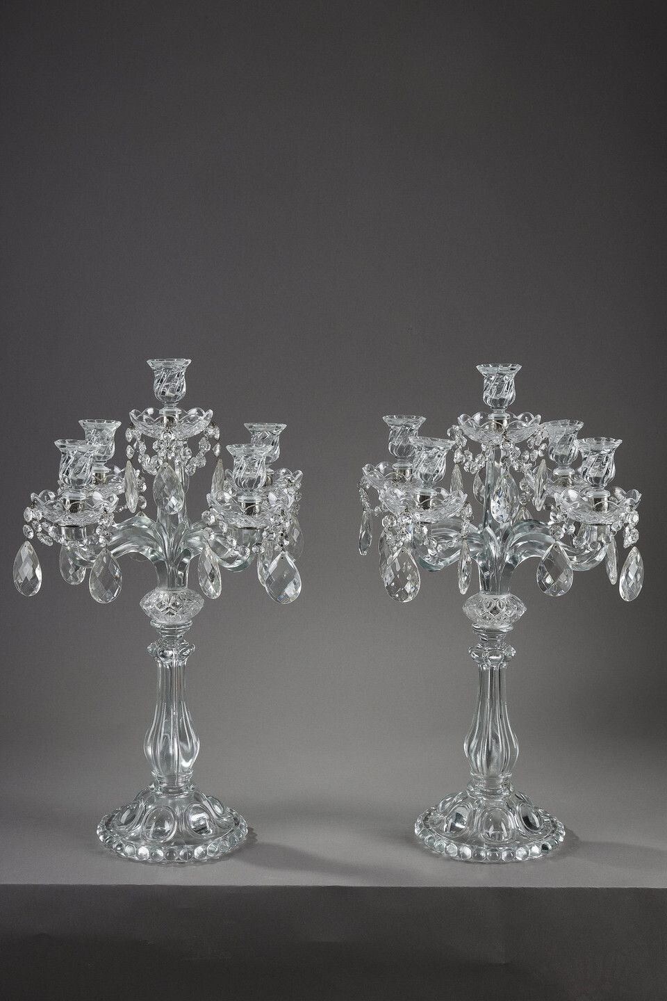 Pair Of Glass Candelabras With Crystal Pendants